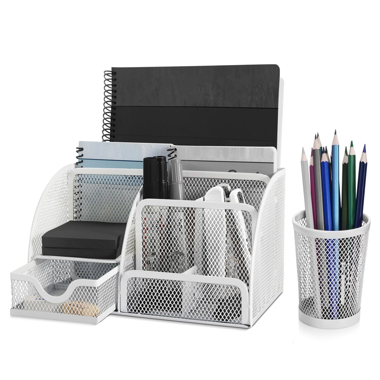 Flexzion Desk Caddy Organizer White Metal Mesh Office Desk Supplies Organizer Caddy Desk Accessories Set for Women Men Students, 6 Compartments with Drawer and Pen Holder Desk Organizer for Work