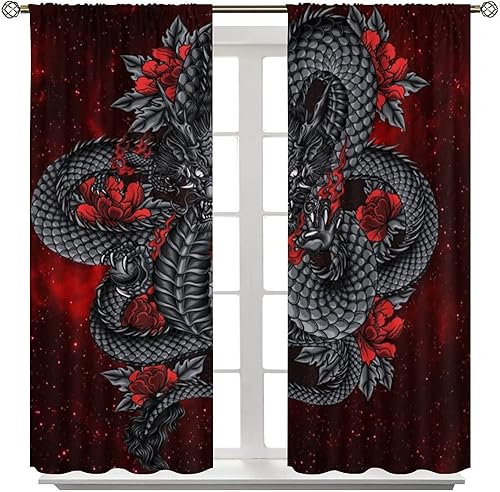 Miniatura 8 de Cortinas opacas para niños, diseño de dragón negro, estampado de flores rojas de dragón feroz, con bolsillo para cortinero, cortinas con aislamiento