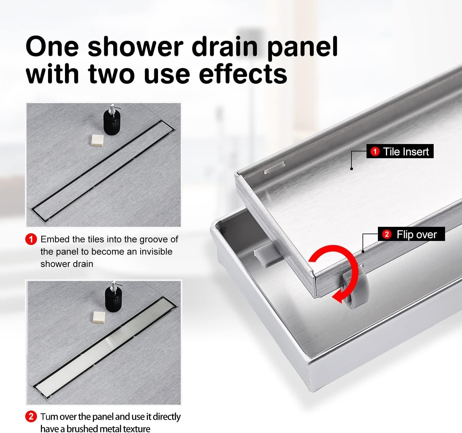 SaniteModar Desagüe de ducha lineal cepillado de 61 cm con rejilla de inserción de azulejos | AISI 304 - Drenaje de suelo de ducha rectangular de acero inoxidable cepillado con aleteo de pelo y patas ajustables