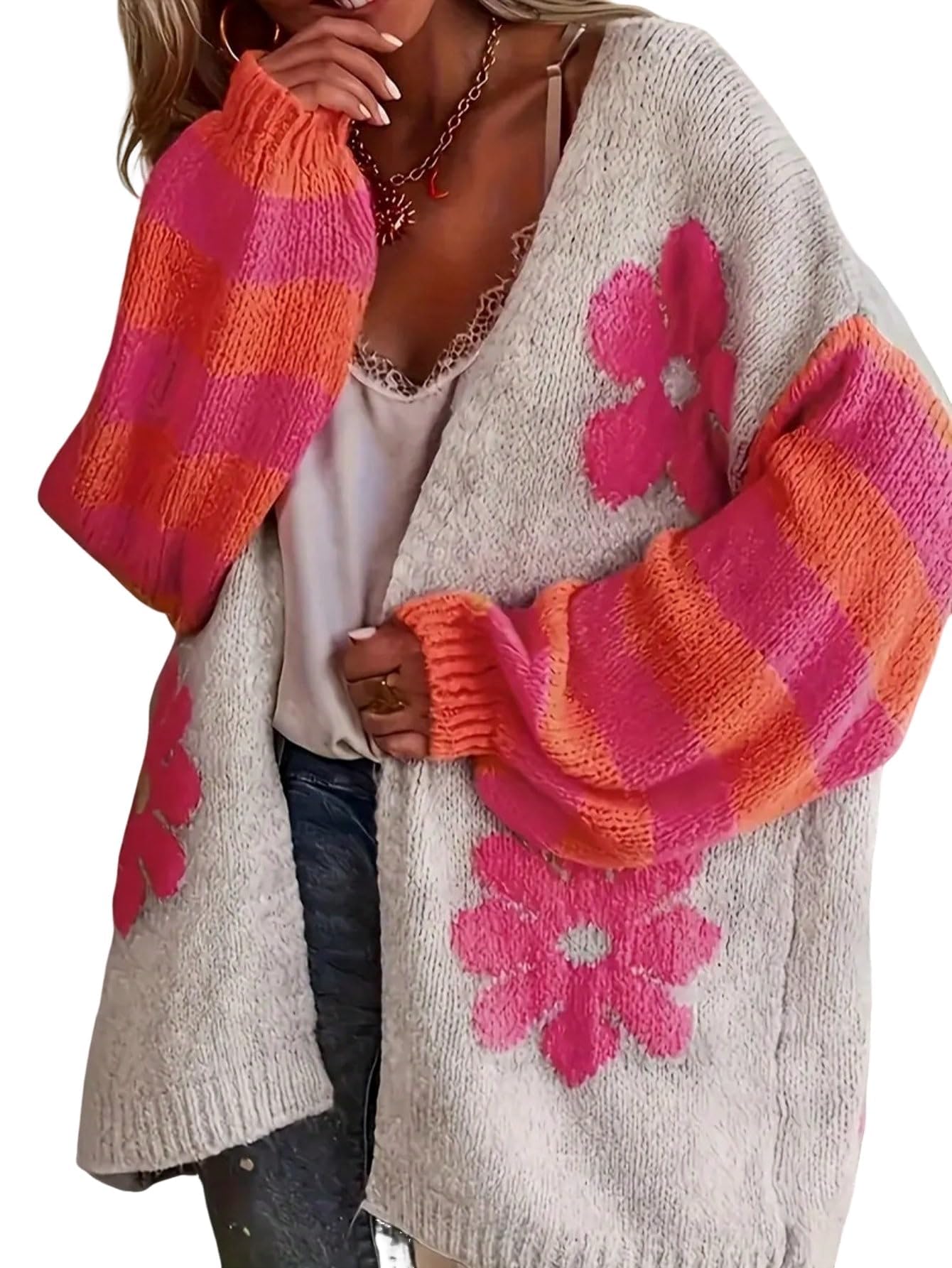 LUKYCILD Open Front Cardigan Sweaters for Women Floral Color Block Long Sleeve Drop Shoulder Sweater Knit Outerwear