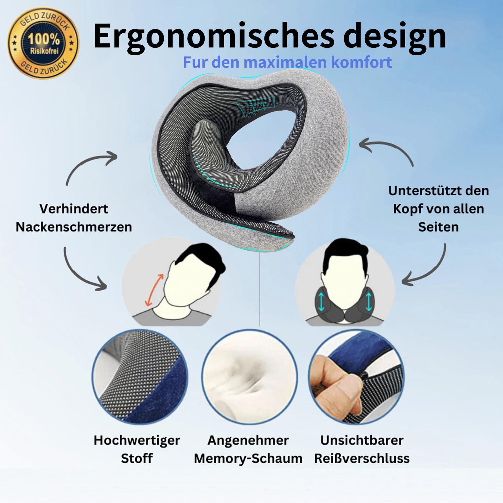 Reiteag Almohada Viaje Cuello, Almohada Cervical Viaje, Almohada Cervicales y Cuello Viaje, avión Coche Oficina, Incluye Antifaz para Dormir, Bolsa de Transporte
