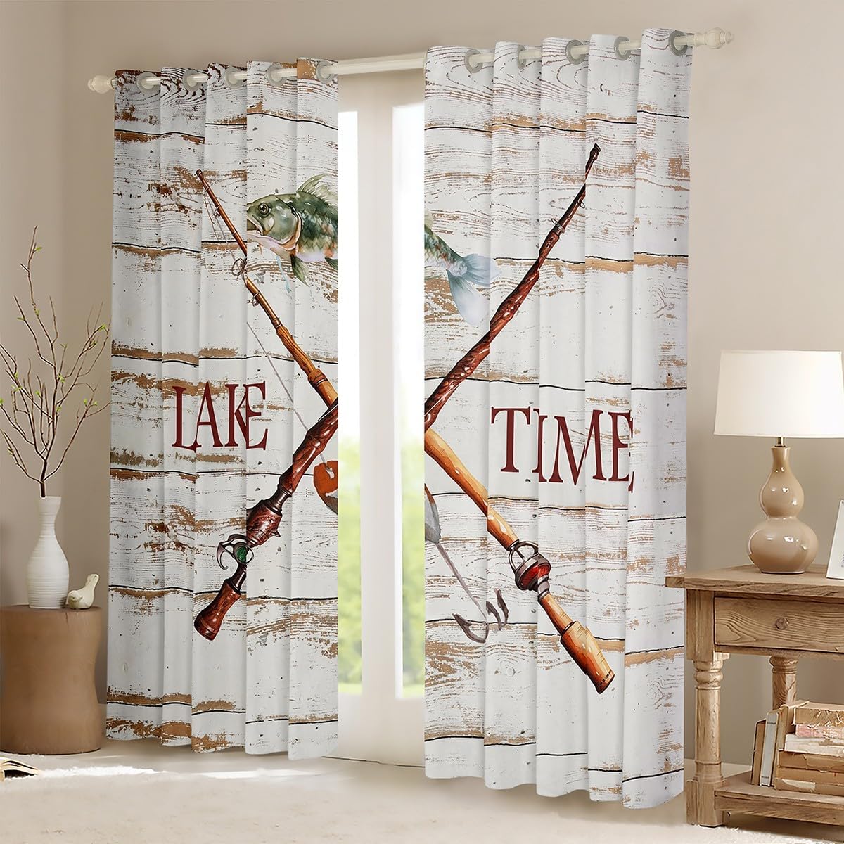 Fishing Rod Blackout Curtains 2 Panels 38"Wx45"L Lodge Cabin Creamy White Wood Curtains & Drapes Lake Life Decor,Go Fishing Hook Gift for Fisherman Ocean Decor,Pike Fish Fishhook Lake House Decor