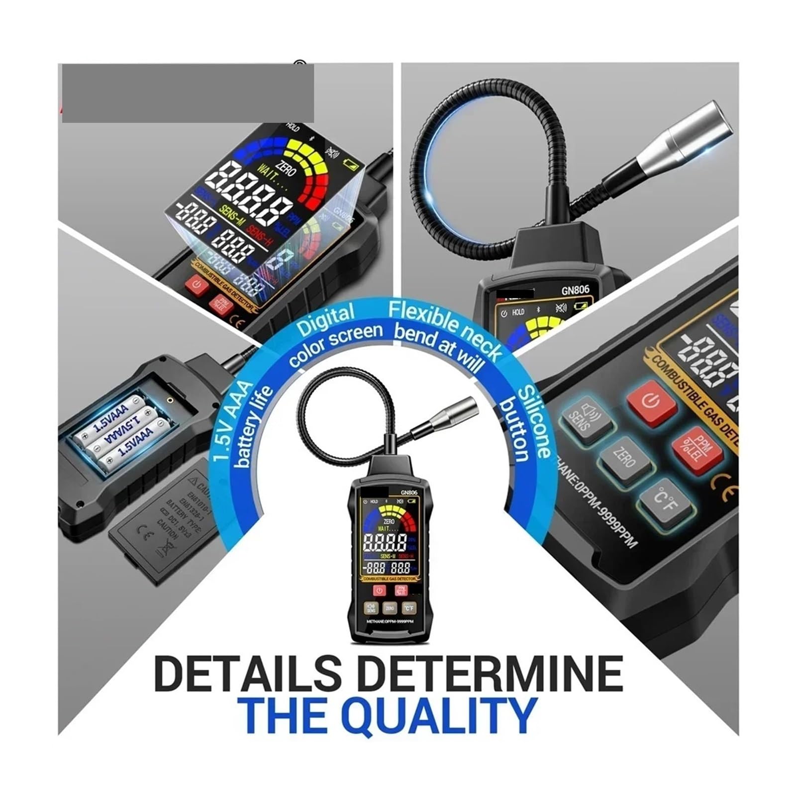 Detector de Gases, Detector de Fugas Gas, analizador, metano, inflamable, 9999 PPM, Combustible Natural, probador, Pantalla LCD, Alarma Sonora y Luminosa, LEL