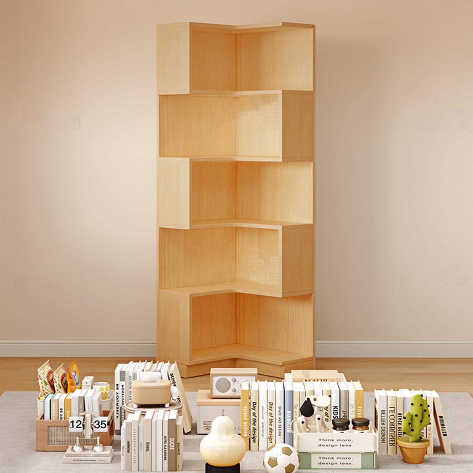 Eckregal im Vintage-Stil mit 5 Ebenen, rustikales Präsentationsregal für das Wohnzimmer, hohe Bücherregale, Aufbewahrung aus Naturholz, Moderne Wohndekoration, 60 cm
