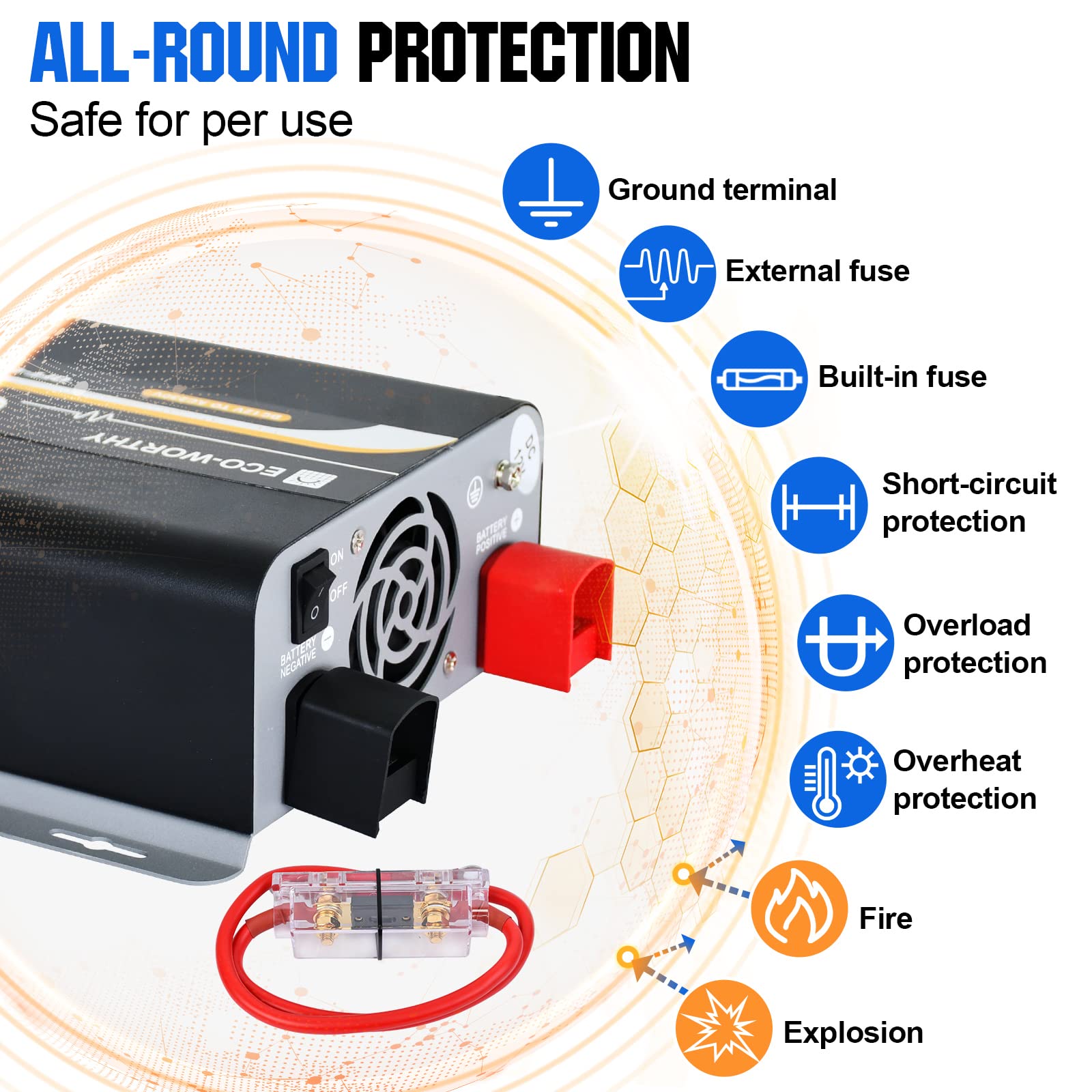ECO-WORTHY 600 W 12 V-230 V AC Off-Grid Solar Inversor de onda sinusoidal DC con mando a distancia y fusible & para coche, autocaravana, camping vehículo y sistemas solares