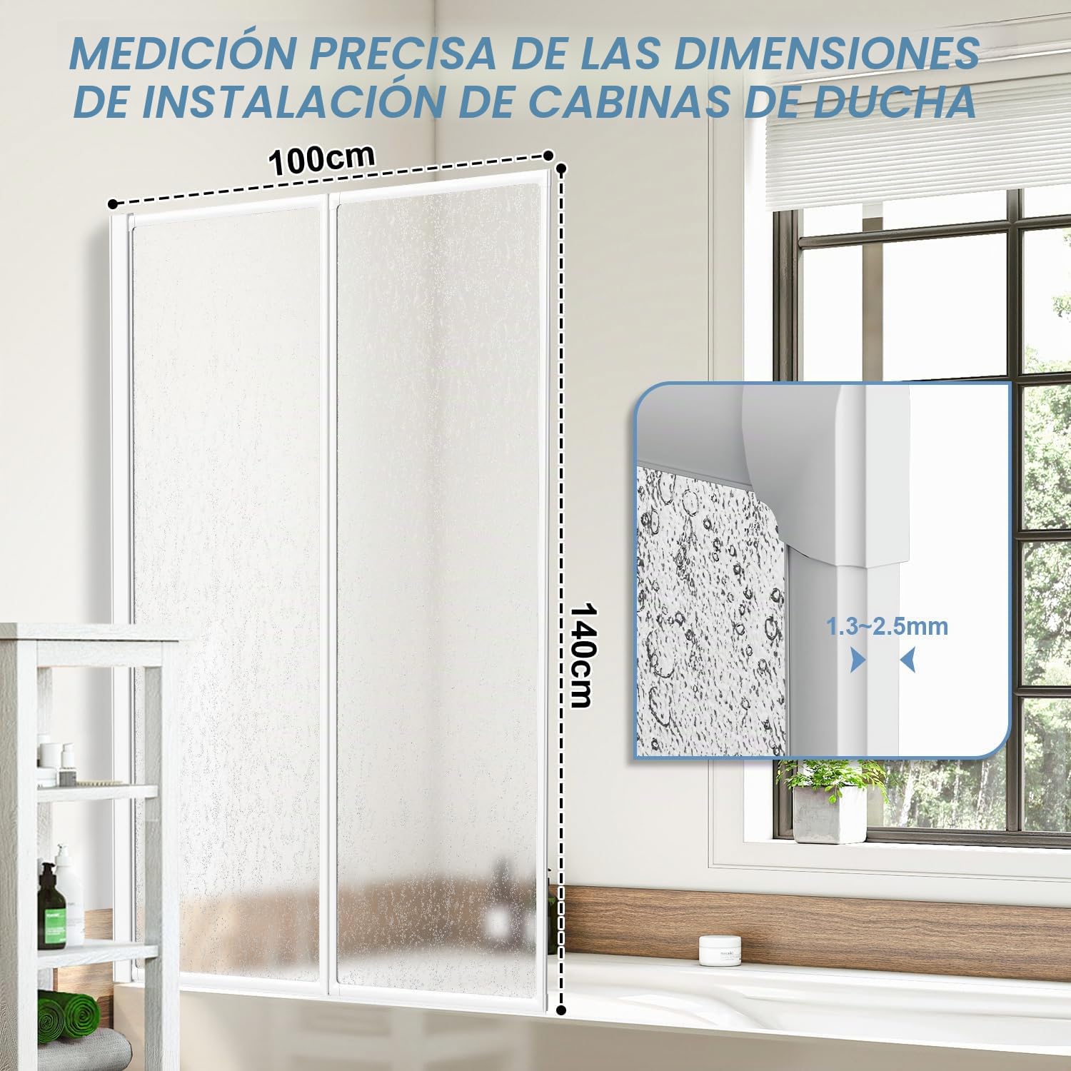 Mampara de ducha para bañera de 100 x 140 cm, 2 piezas, plegable de plástico PS irrompible, mampara de ducha con marco de aluminio blanco, accesorio para bañera con estructura de gotas como