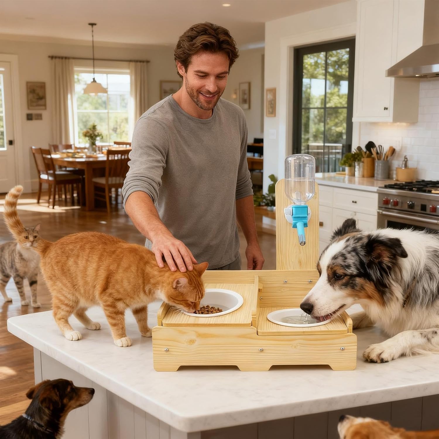 Pet Water Bowl Stand - Adjustable Wooden Dog and Cat Dispenser with 2 Stainless Steel Bowls | Indoor Outdoor Feeding Station for Puppies, Kittens, Small and Medium Pets, Apartment, Balcony, Garden, Ho