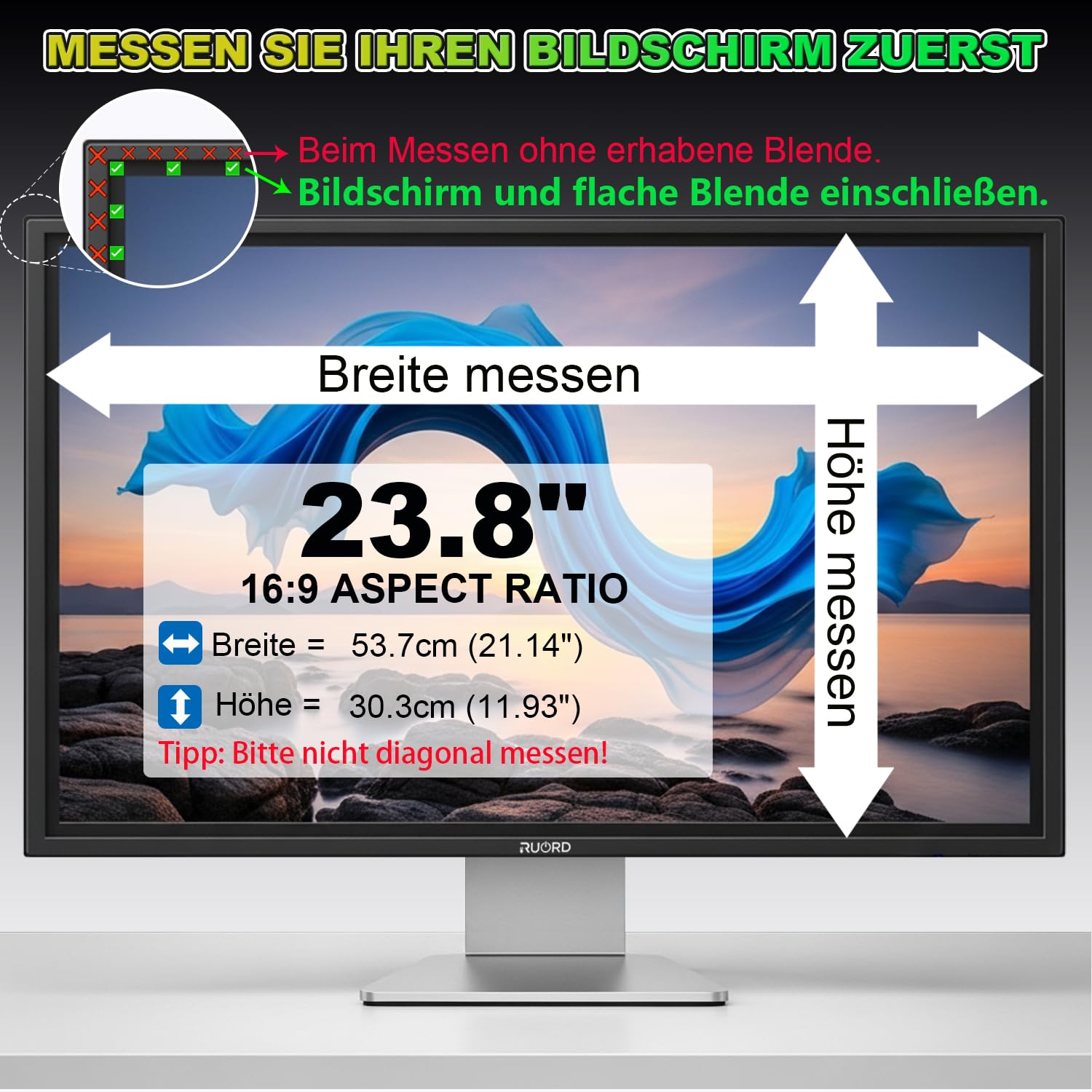 Magnetischer Sichtschutzfolie für 23.8 Zoll 16:9 Monitor - Blaulichtfilter & Blendschutz, Abnehmbar Blickschutzfolie | Beidseitig Verwendbarer Acryl-Blickschutzfilter