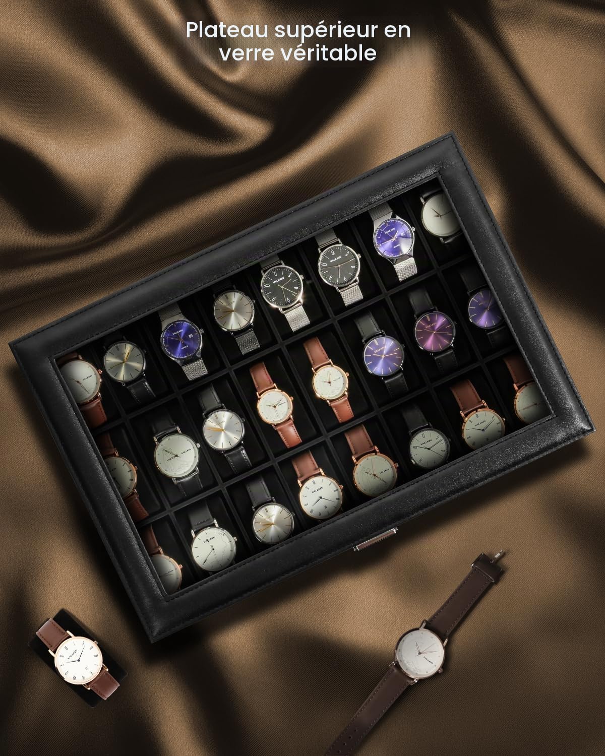 Uten Boîte à Montres 24 Compartiments, Coffret à Montres en PU, Couvercle en Verre, Coffret de Rangement pour Montres, Doublure en Velours Noire, Idée Cadeau