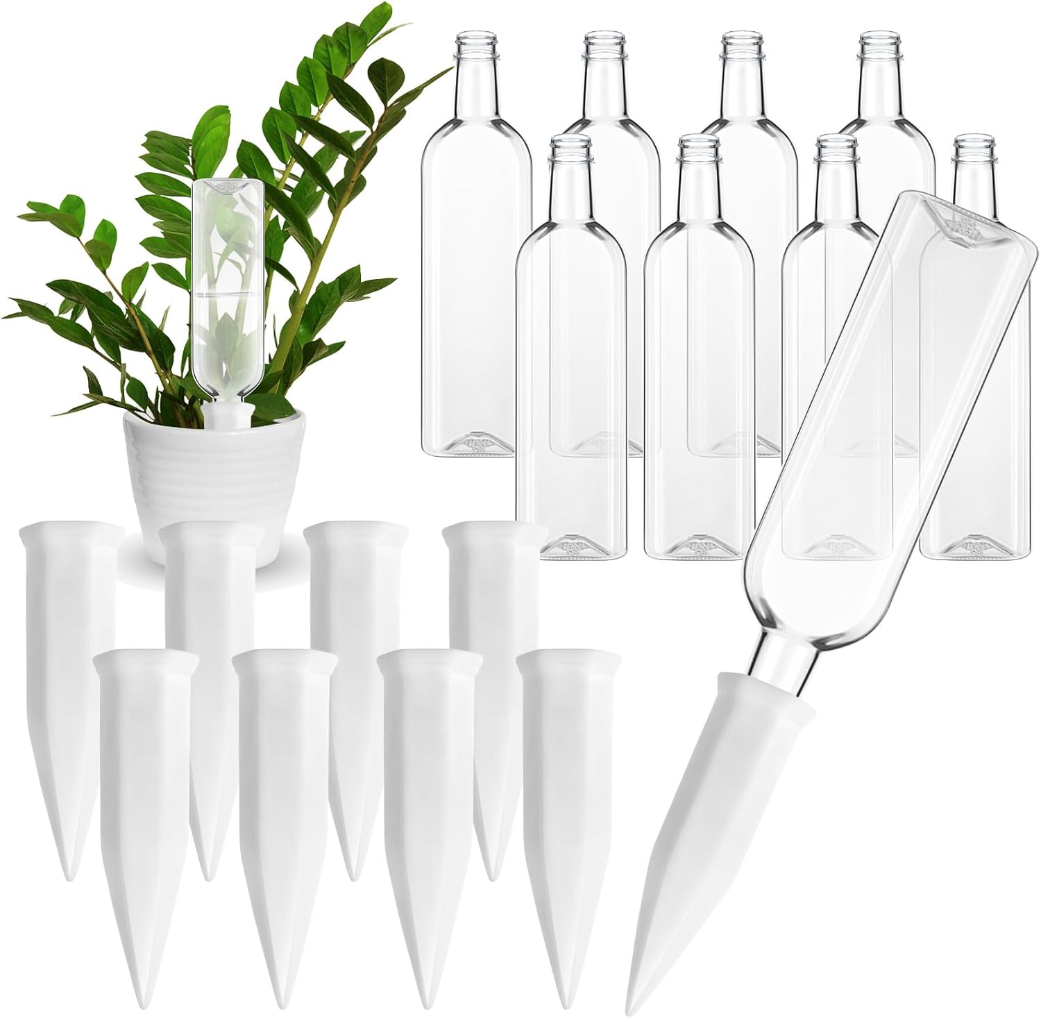16 Pcs White Terracotta Watering Spikes with 25 oz Plastic Bottles Set, Plant Watering Devices Vacation Plant Waterer Self Watering Planter Devices Slow Release Planter for Indoor Outdoor