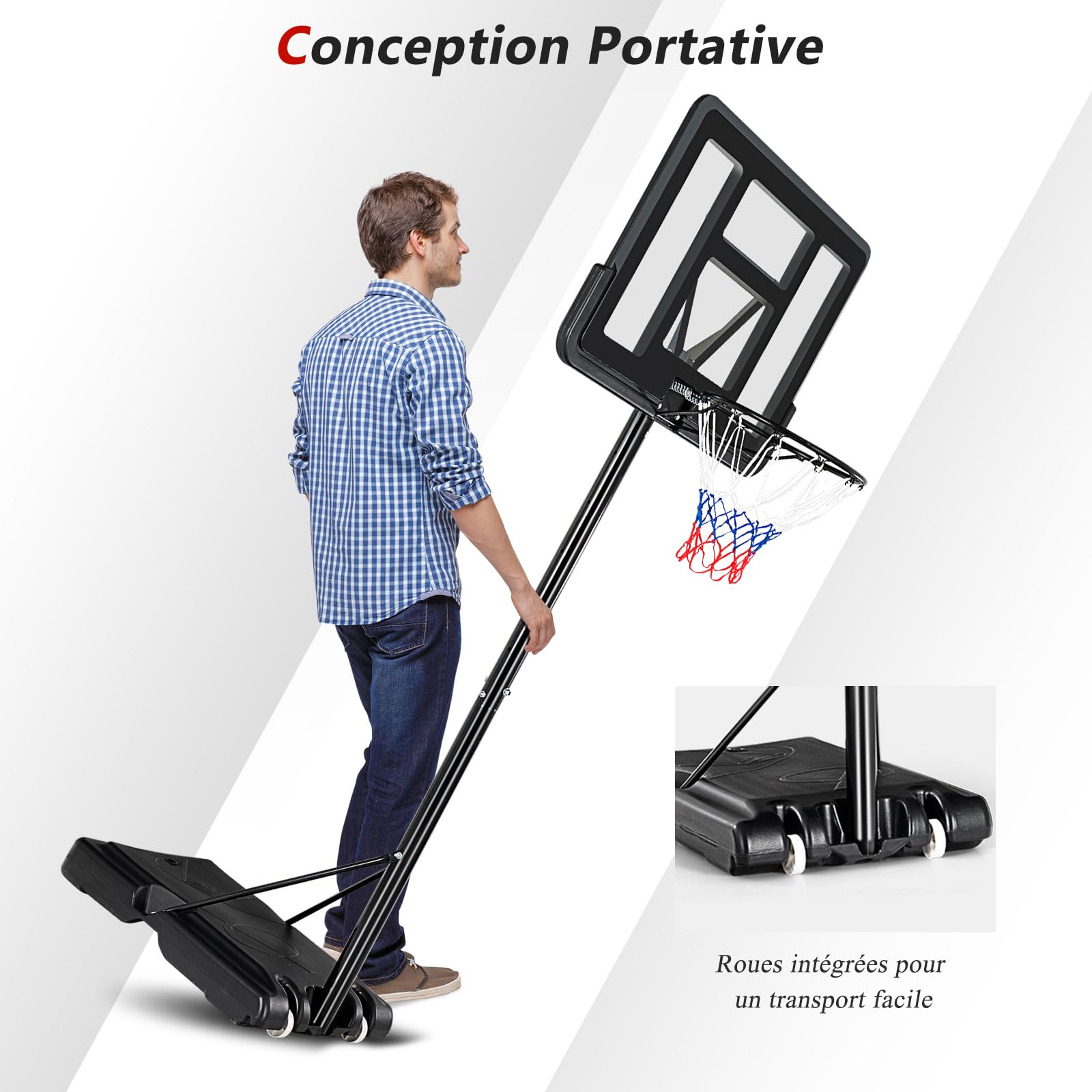GYMAX Panier Basket Extérieur pour Enfants Adultes, Hauteur Réglable 130-305CM, Mobile Portable avec Roues, Base Stable Remplissable, Panneau Anti-bris