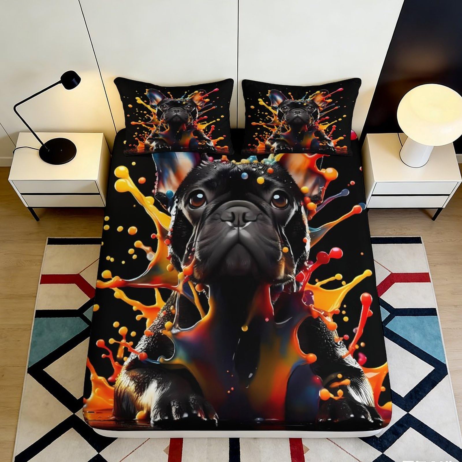 3D Printed Colorful Splash French Bulldog Fitted Sheet Microfiber Soft Durable Black Dog Mattress Cover for Bedroom Dormitory Guest Room Protection Decor 180x200x25cm