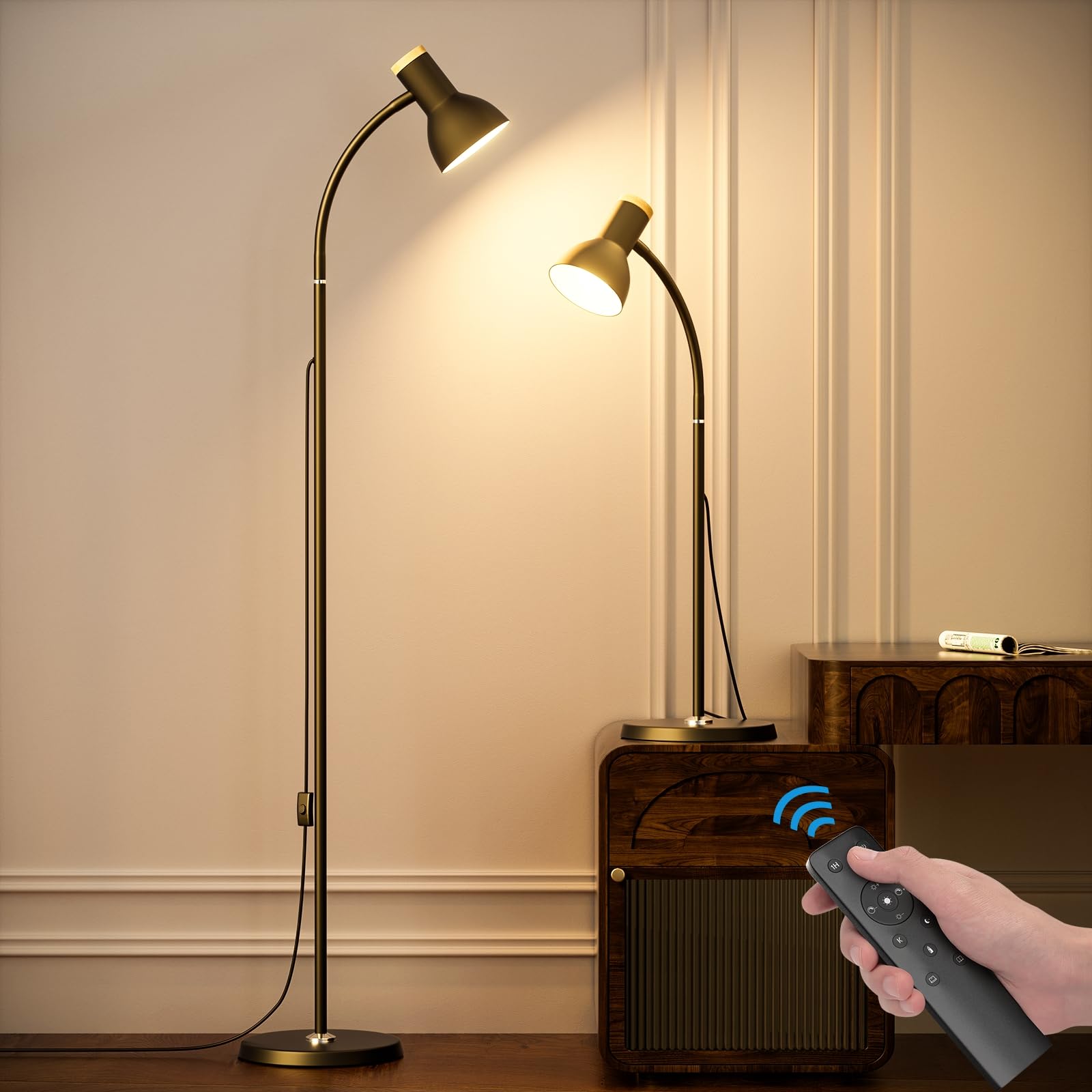 Lámpara de Pie Regulable, Vintage Lámparas de lectura con Cabezal Giratorio, 12W Lámpara de pie con Control Remoto, Temperaturas de Color 2700k-6500k, Lámpara para Dormitorio, Sala de Estar, Oficina