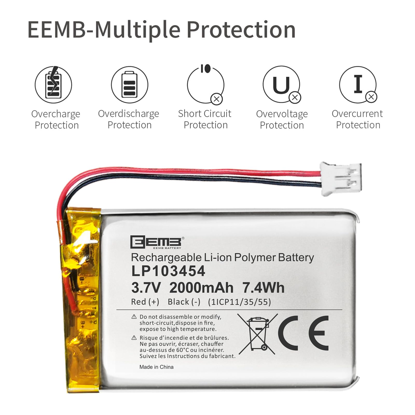 Amazon.com: EEMB 3.7V 103454 2000mAh Lipo Battery Rechargeable JST