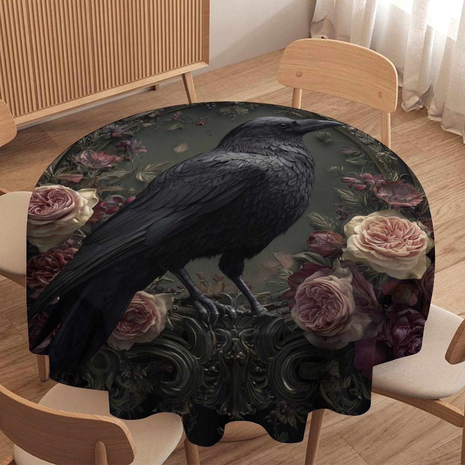 LUYYSKY Vintage Abstract Animal Raven Round Tablecloth Classic Gothic Plant Roses Floral Pattern Washable Decor for Table Cover for Kitchen-177.8" Wx177.8 L cm