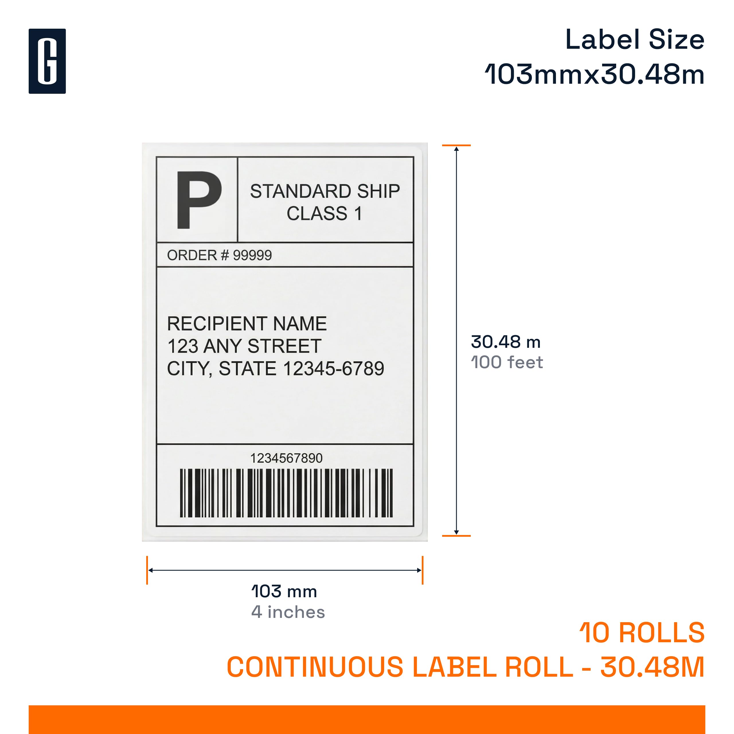 GROF DK-22246 Thermo Endlose Versandetiketten 103mm x 30.48m 10 Rollen | Selbstklebende Etiketten - für Brother QL-1050/1060N/1100/1110NWB - für DHL, GLS, DPD Paketversand, Onlinehandel & Logistik