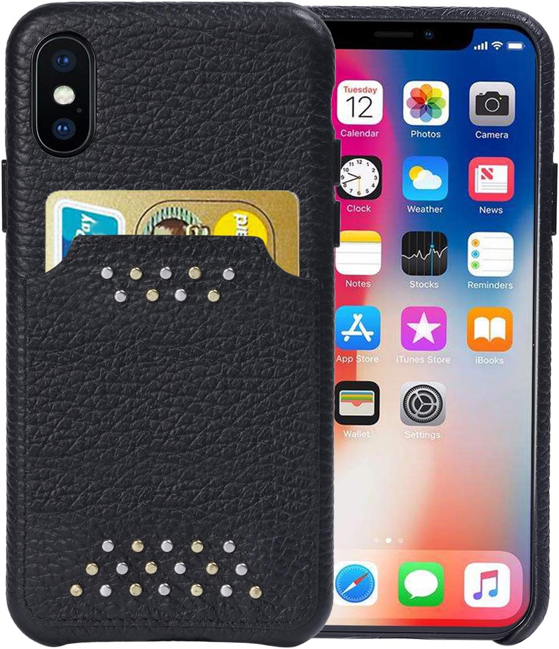Cassenger iPhone X Case for Men, Slim Fit Genuine Italian Leather Hard Back Case Protective Cover Snap On Case with Card Holder Slot for Apple iPhone X 10(2017 Release)-Black