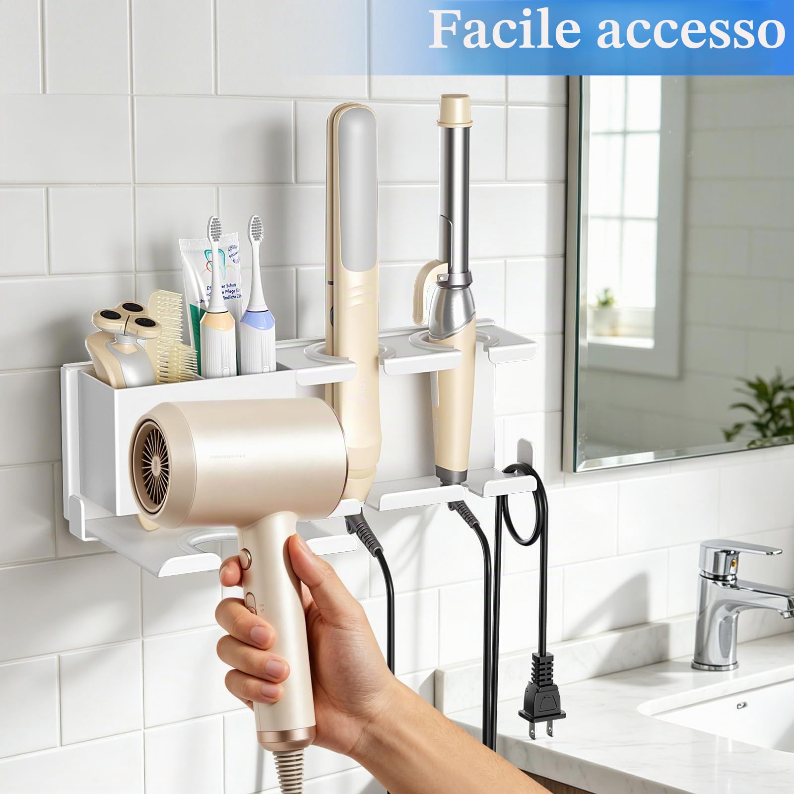 Porta Phone Bagno da Muro, Porta Piastra per Capelli Bianco | Metallo Di Alta Qualità, con Vano Portaoggetti Per Il Supporto Per Arricciacapelli E Piast