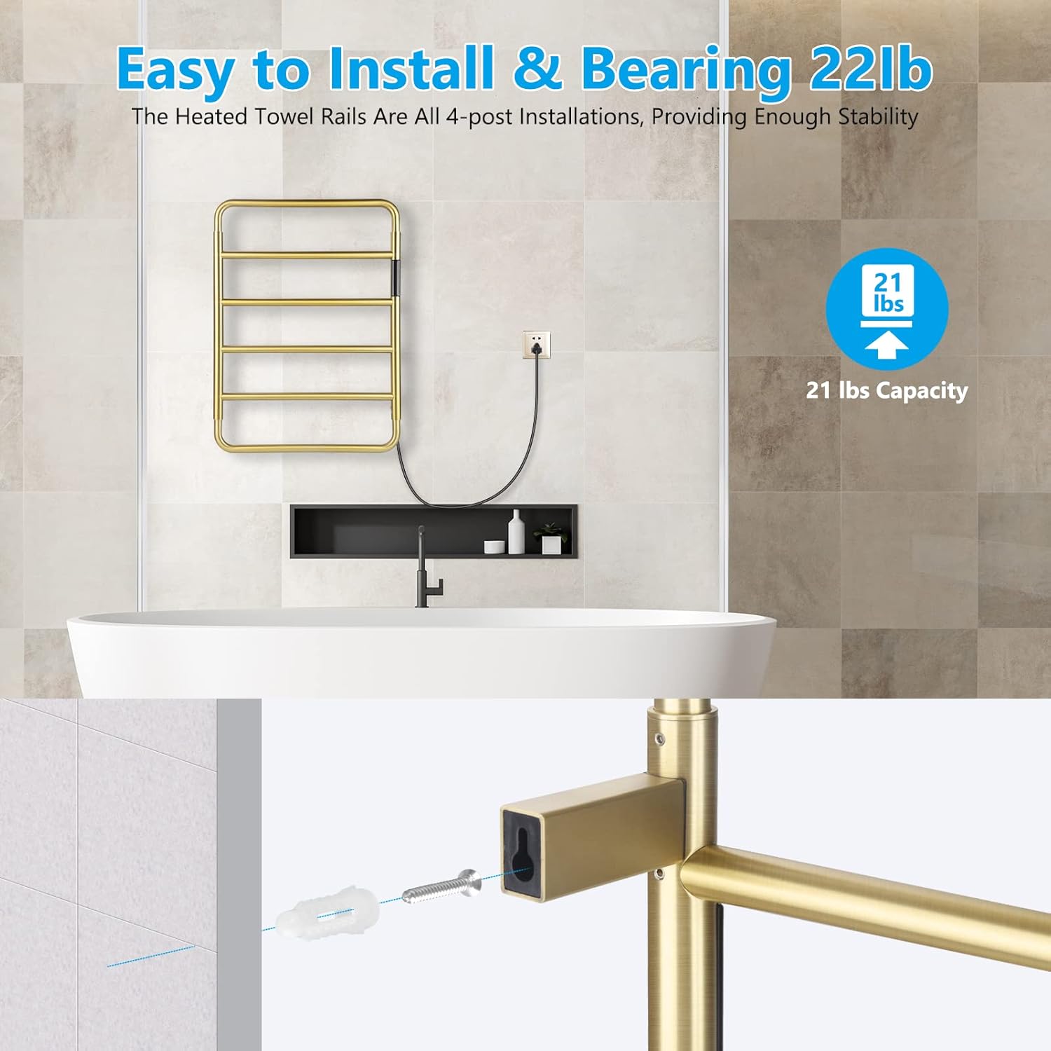 VJASS Heated Towel Rack for Bathroom, 4 Bar Stainless Steel Electric Towel Warmer with Built-in Timer, Dual Hardwired & Plug-in Wall Mounted Installation (Brushed Gold)
