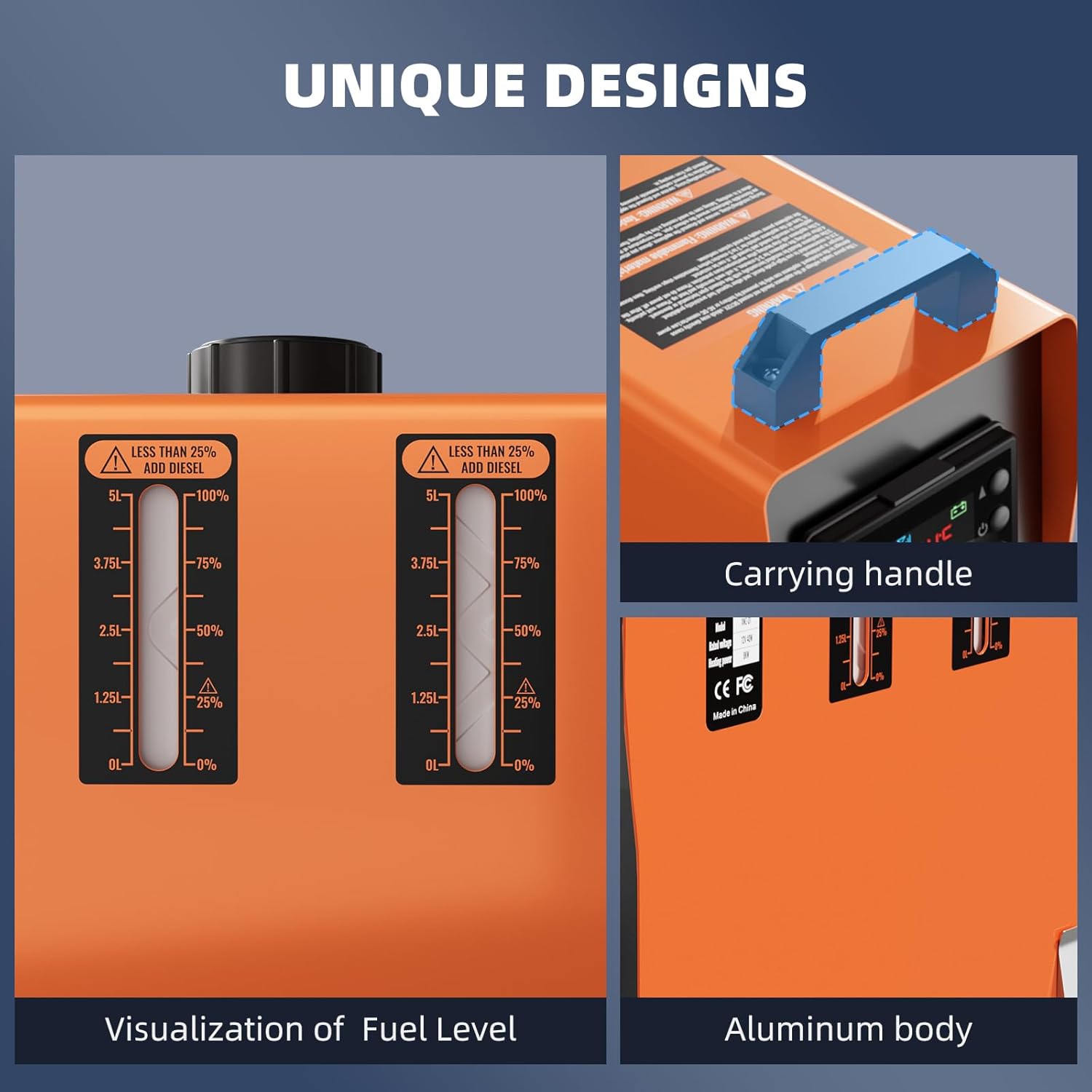 Close-up of the Lioncho diesel heater showing fuel level visualization, carrying handle, and aluminum body construction.