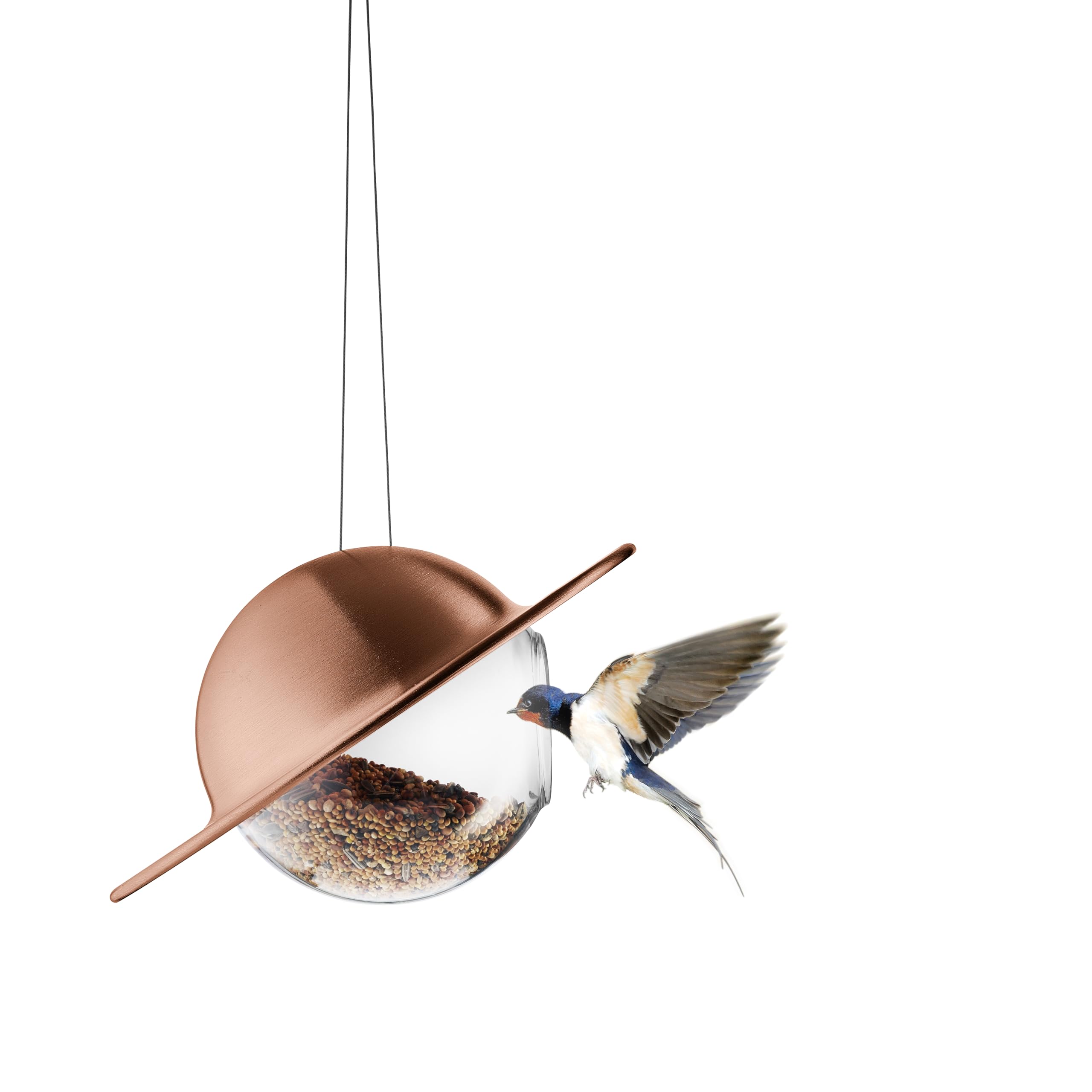 EVA Solo Saturn - Comedero para pájaros de Cobre, comedero con orbe de Vidrio Transparente y Techo Protector, Disfruta de pájaros de jardín Durante Todo el año, Resistente a Todo Tipo de Clima y bajo