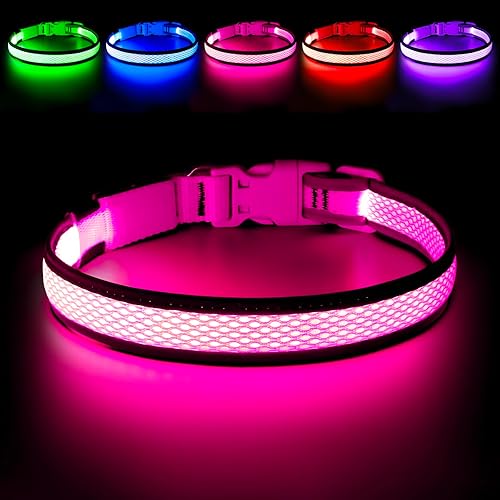 Flashseen LED Dog Collar, USB Rechargeable Light Up Dog Collar Lights, Adjustable Comfortable Soft Mesh Safety Dog Collar for Small, Medium, Large Dogs(Medium, Candy Pink)