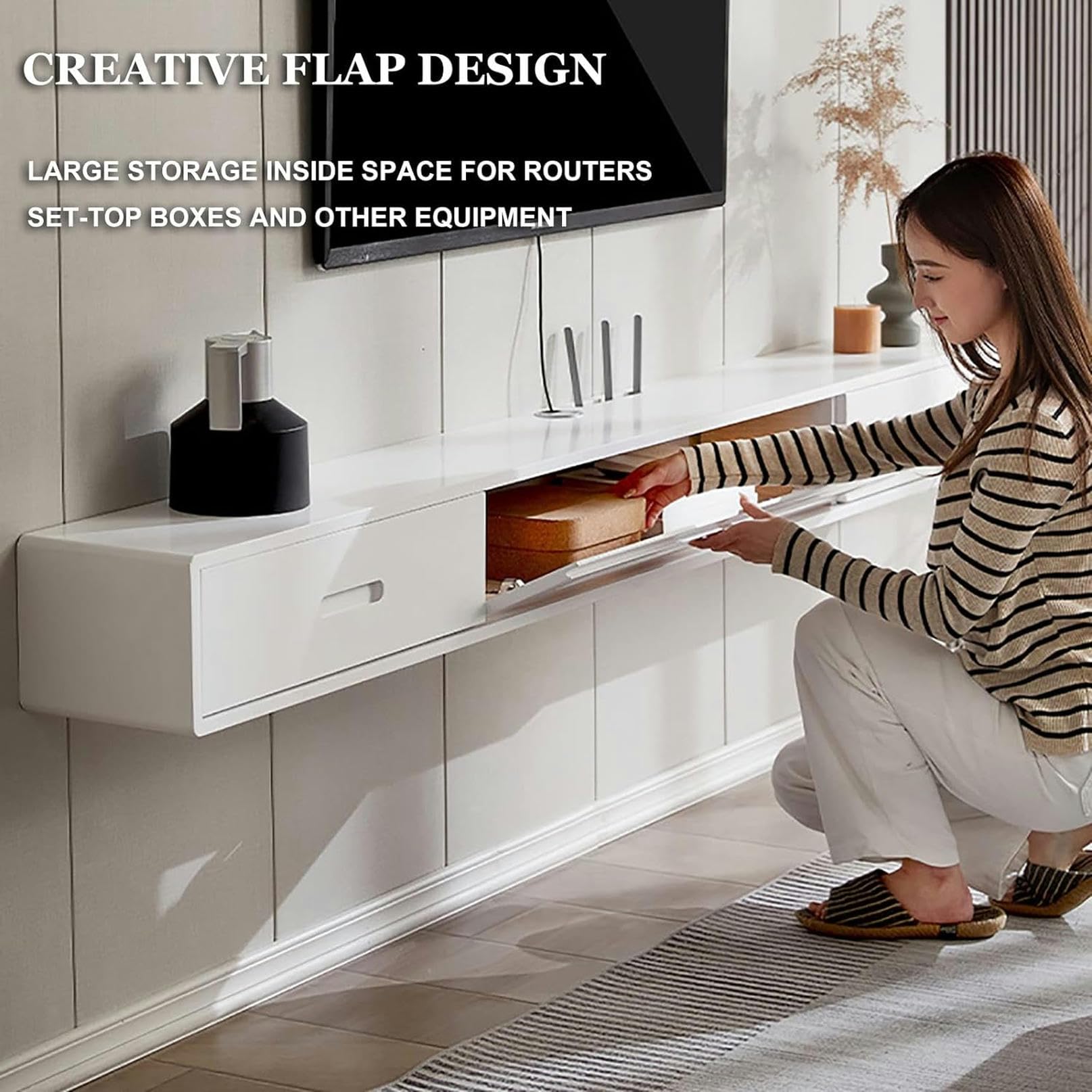 Supporto per TV sospeso da parete, console multimediale con spazio per soggiorno e ufficio, design salvaspazio moderno, mensola galleggiante per TV a schermo piatto, elegante decorazione per la casa