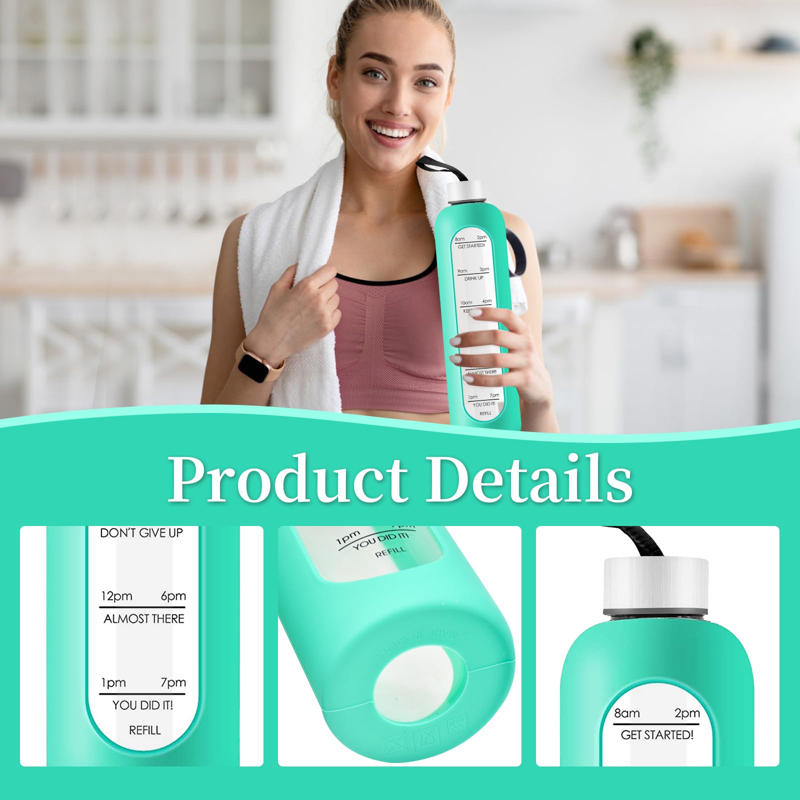 Borraccia In Vetro Da 1 Litro Con Custodia In Silicone E Coperchio In Acciaio Inox, Indicatore Del Tempo, Antiperdita, Per Sport, Fitness, Palestra E Viaggi (1000 Ml, Blu Scuro)