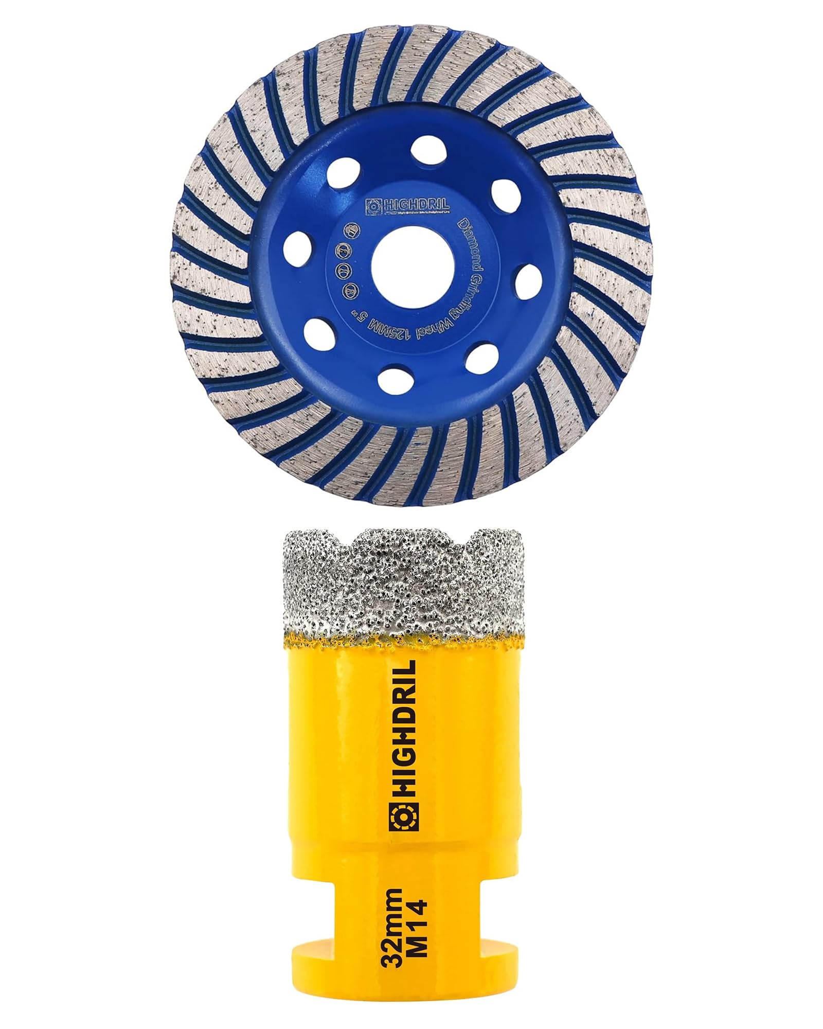 HIGHDRIL Disque Diamant Meuleuse 125mm et HIGHDRIL Foret Diamanté - 32MM M14 Scie Cloche Diamantée