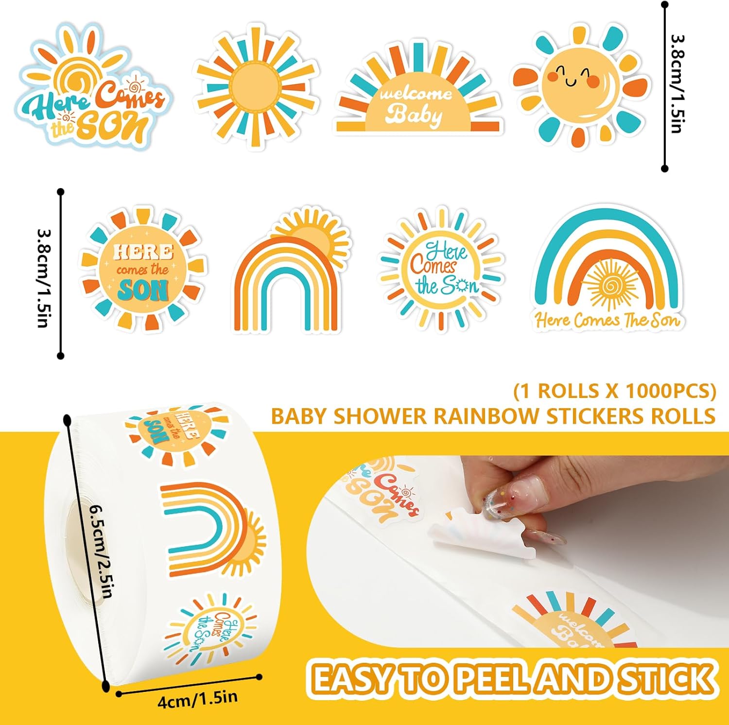 JarThenaAMCS 1000Pcs Boho Rainbow Decal Here Comes The Son Adhesive Sealing Labels First Trip Around The Sun Sticker for Baby Shower Birthday Party Favor, 8 Design - Image 2