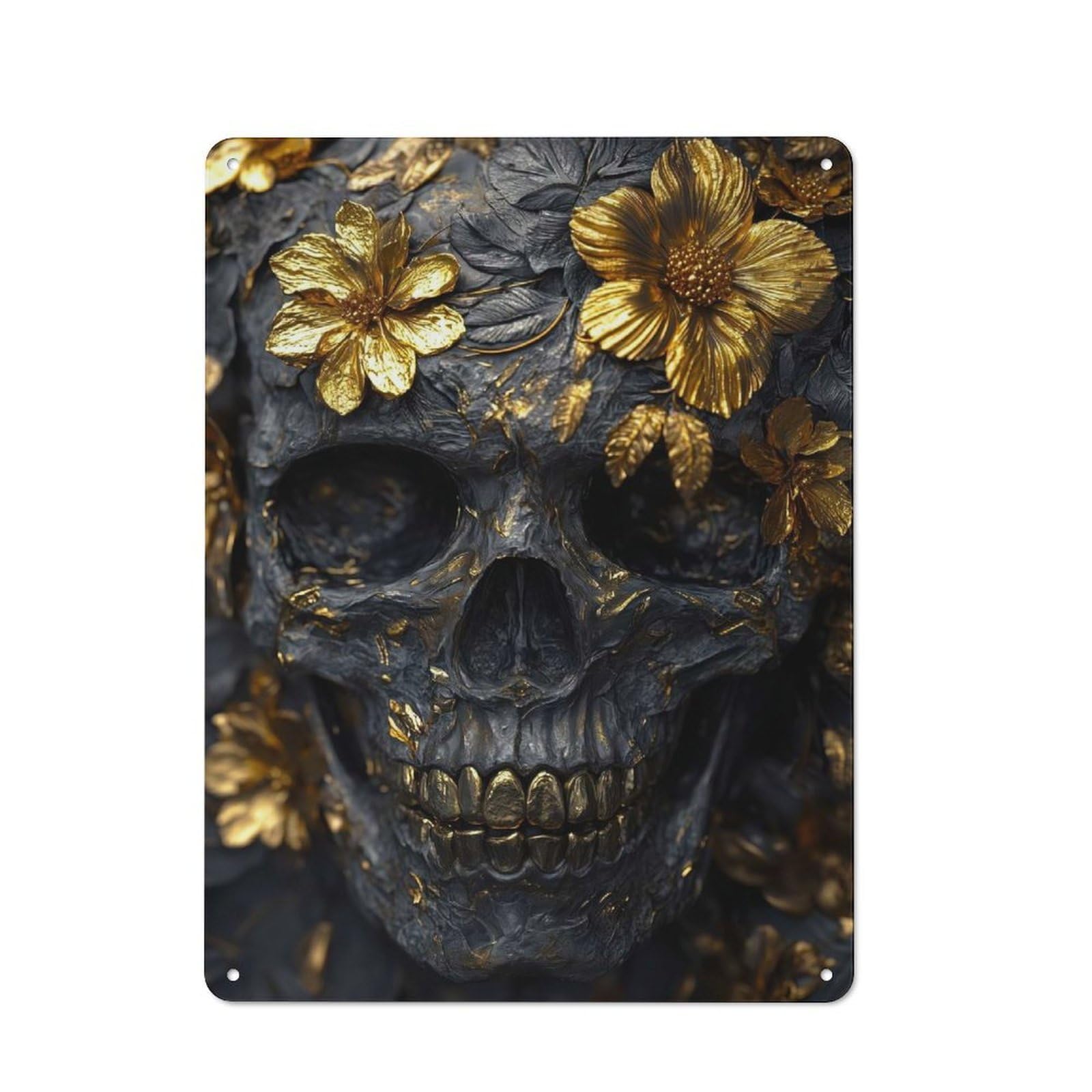 Junmoney Golden Skull With Flowers Vintage Tin Sign 40X30cm With For Café Or Restaurant, Suited To Wall Displays In Cafés And Restaurants