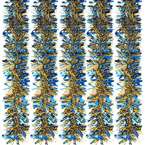 Brinny 5 Stücke Girlande Weihnachten Lametta Metallische Glänzend Tannengirlande Glitzernde Hängende Dekoration für Weihnachtsbaum Kranz Hochzeit (11cm x 2m, Blau & Gelb) Cover