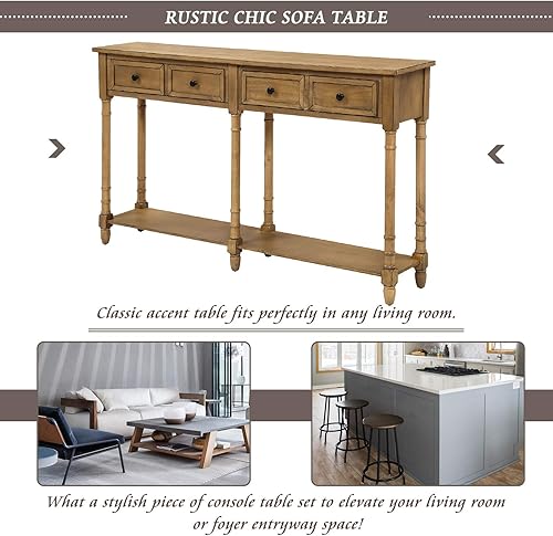 Miniatura 8 de P PURLOVE Mesa de consola retro para entrada con cajones y estante mesa de sala de estar (pino viejo)