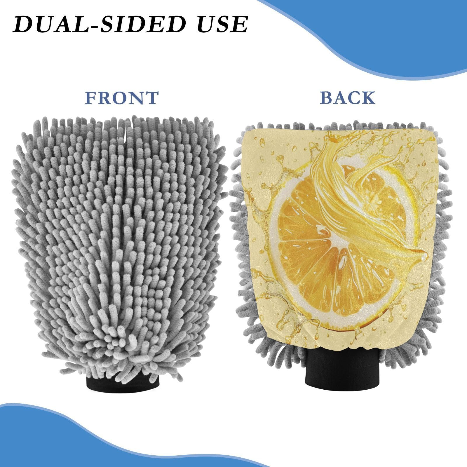 ALAZA Lemon Juice Car Wash Mitt Scratch Free, 2 Pack Absorbent Microfiber/Chenille Washing & Drying Mitts, L