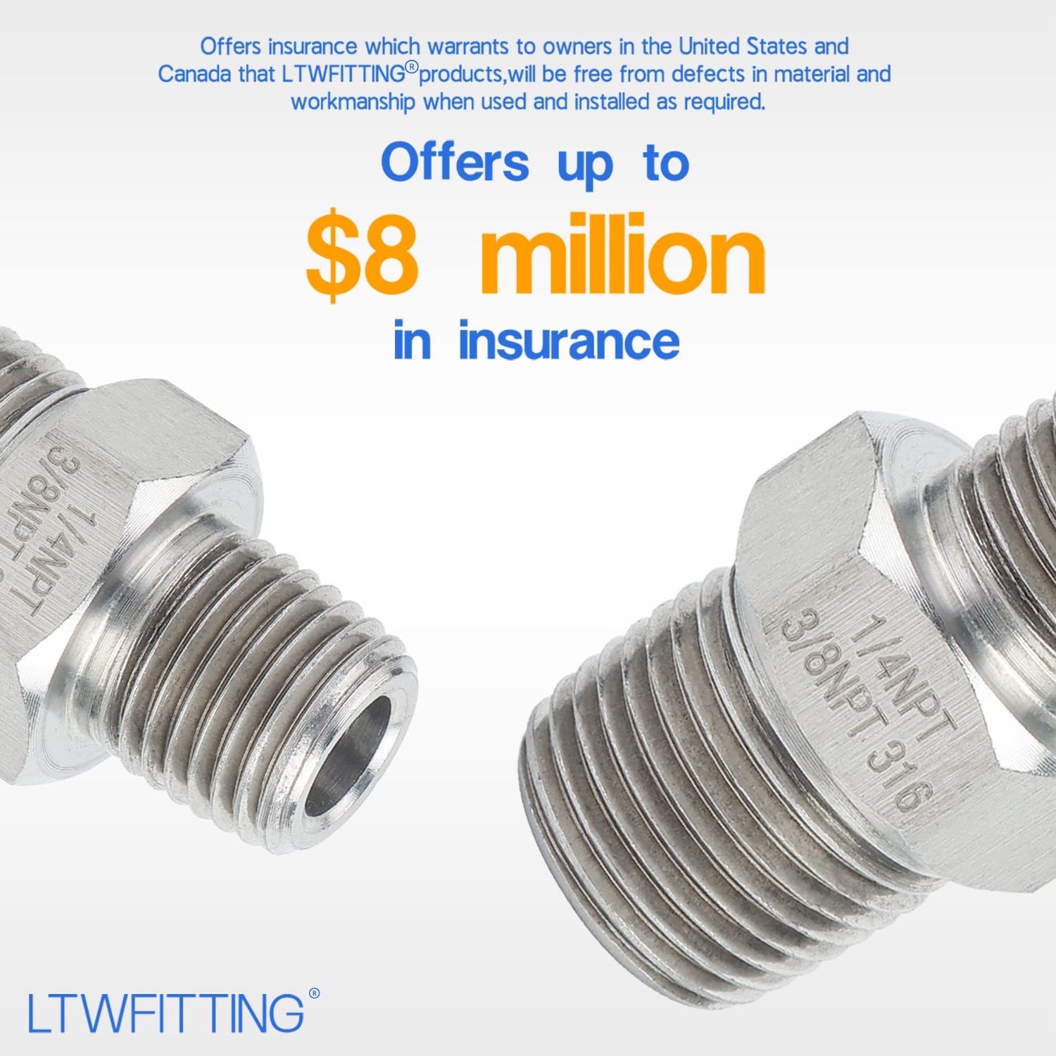 LTWFITTING Class 3000 Stainless Steel 316 Pipe Hex Reducing Nipple Fitting 3/8" x 1/4" Male NPT (Pack of 5)