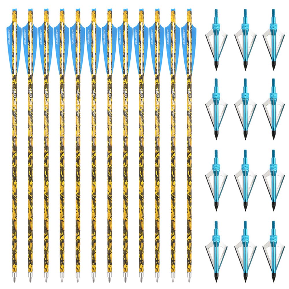 SHARROW Archery Carbon Crossbow Bolts Arrows 16 17 18 20 22 Inch Carbon Arrows Camo Shafts with 4" Feathers for Crossbow Hunting Shooting (Type 2: Blue, 17")