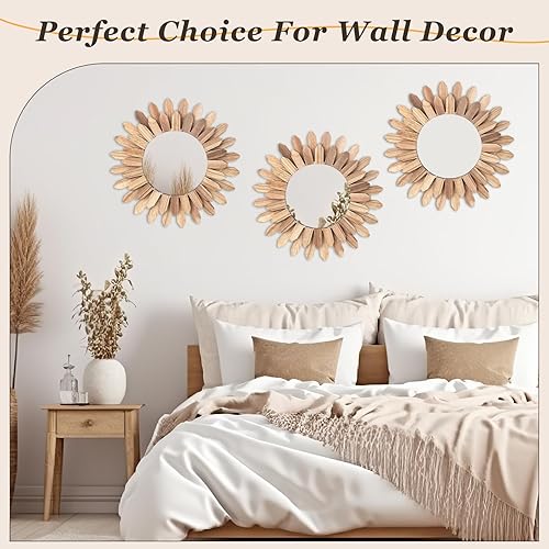 Miniatura 6 de Beeveer Espejo de pared bohemio de 3 piezas, espejo de madera rústica de 12 pulgadas, espejo de pared rústico, decoración de habitación, espejos