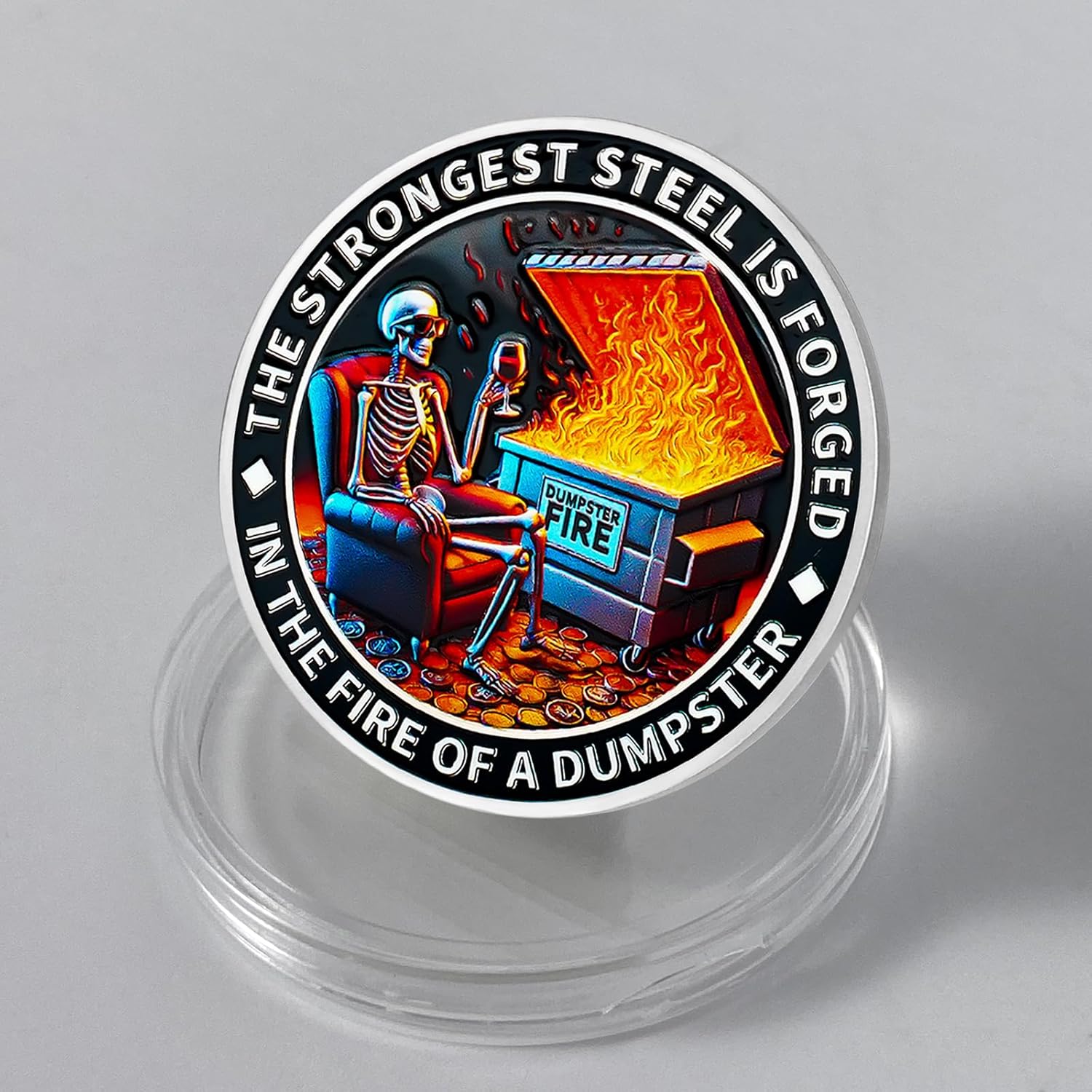 AtSKnSK Fire Memento Mori Challenge Coin Humorous Inspiration Coin with This is Fine Dog and Skeleton Toasting to Resilience (Ten Pieces)