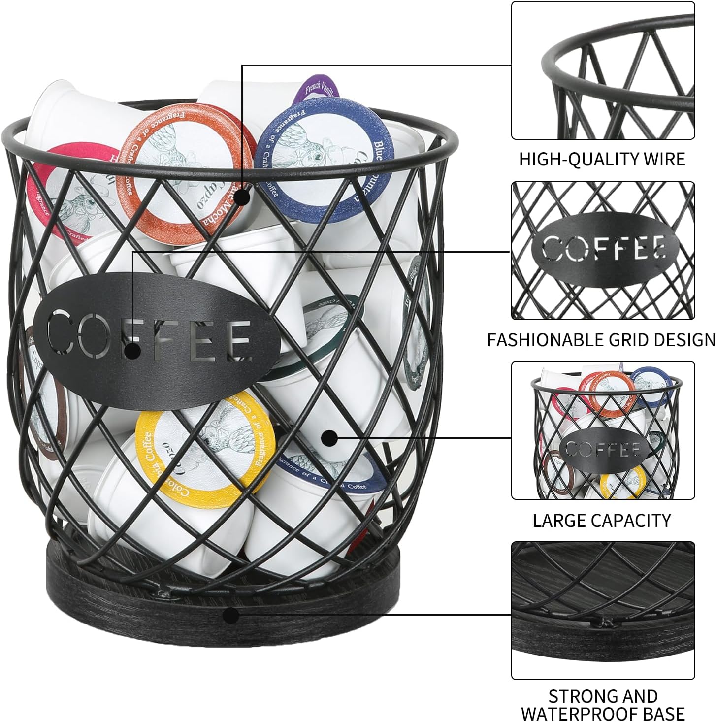 YINMIT K Cup Holder Organizer, Sturdy Coffee Pod Holder Organizer, 35 Kcup Large Capacity Storage Basket for Kitchen Counter and Office Desktop (Black-Circular)