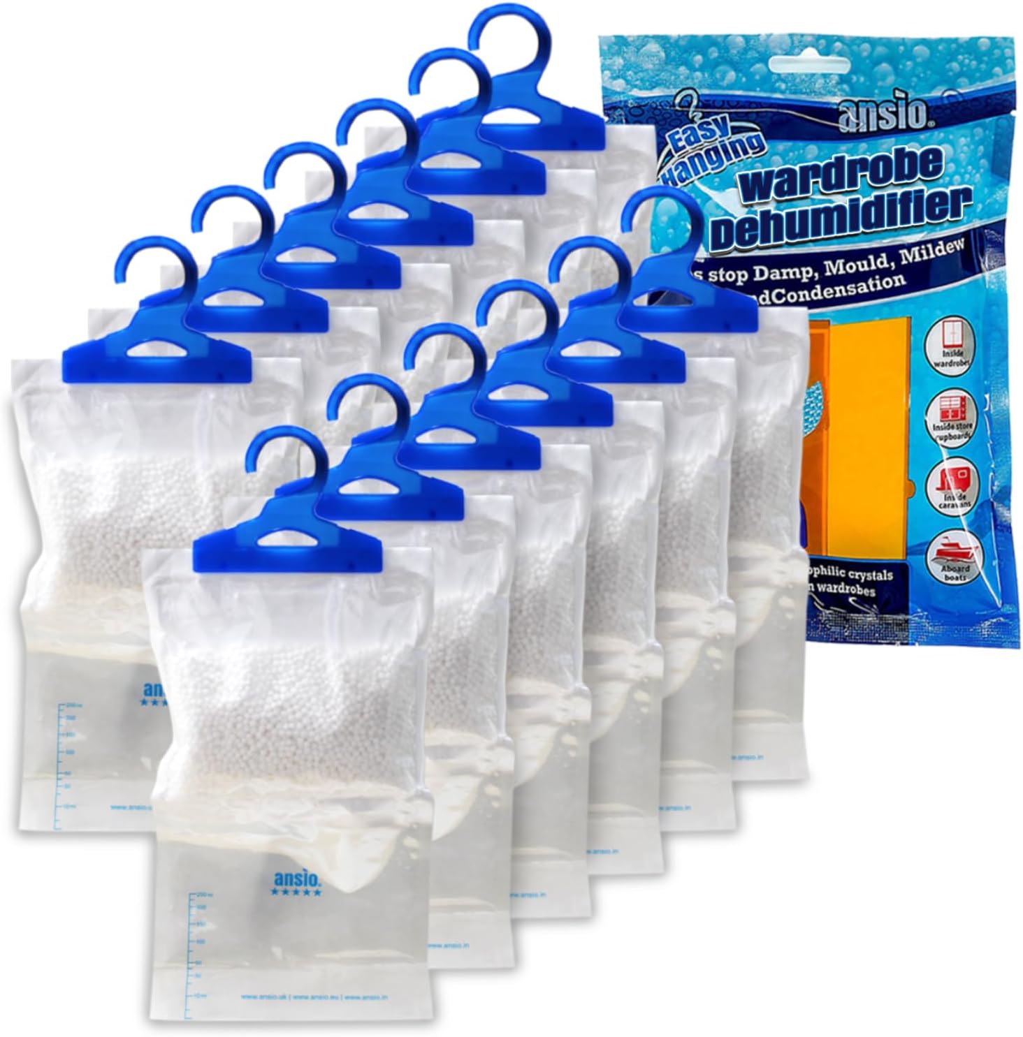 ANSIO® Wardrobe Dehumidifier Disposable Hanging Bags Pack of 12 Room Moisture Absorber Condensation Remover for Damp, Mould in Home, Bathroom, Window, House, Kitchen, Bedroom Interior Traps