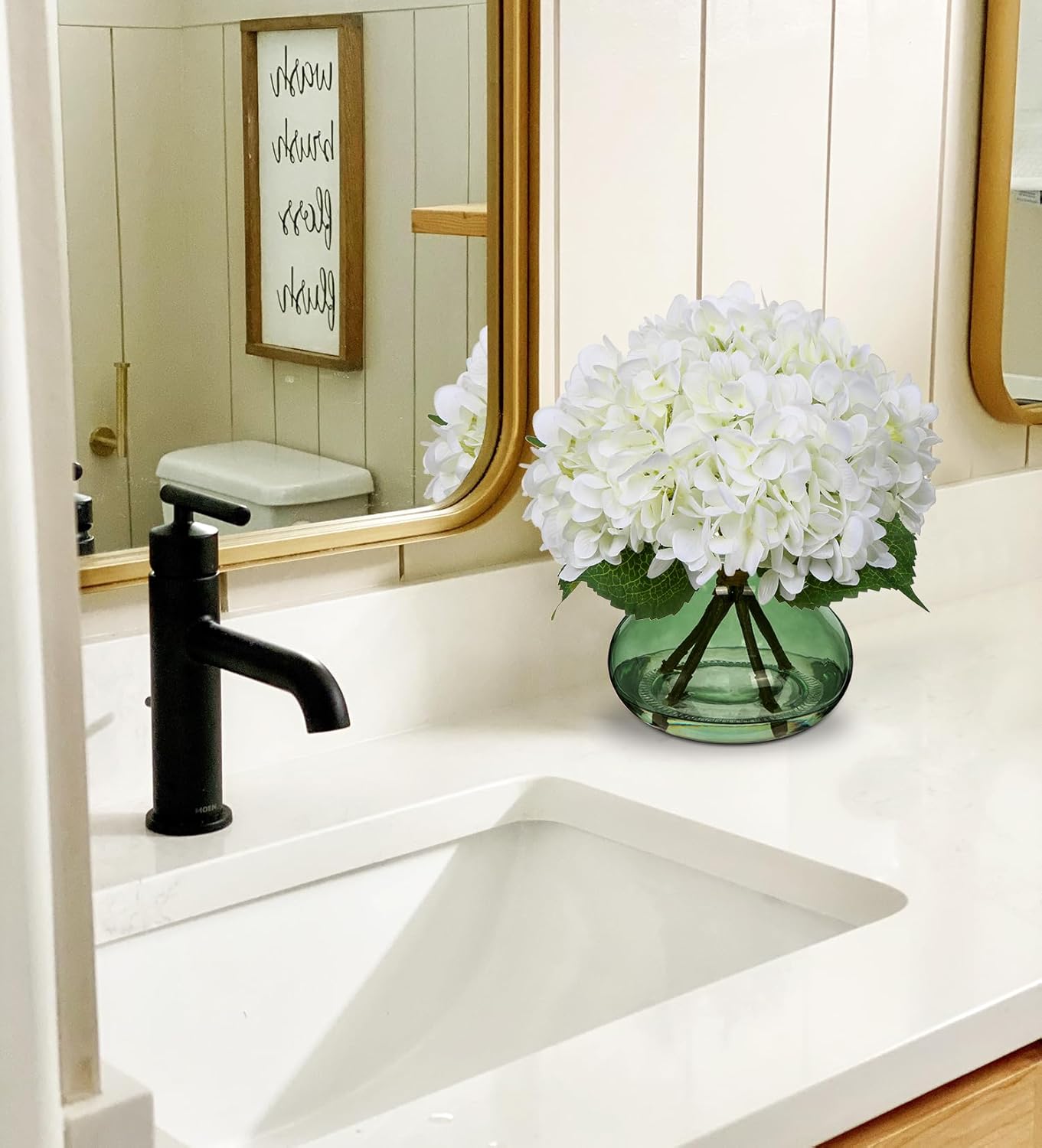 Hollyone White Hydrangeas Floral Arrangement in Glass Vase Artificial Flowers with Vase with Faux Water Silk Faux Flowers Fake Floral Bulk Bouquet for Home Decor Table Centerpiece Decorations - Image 3