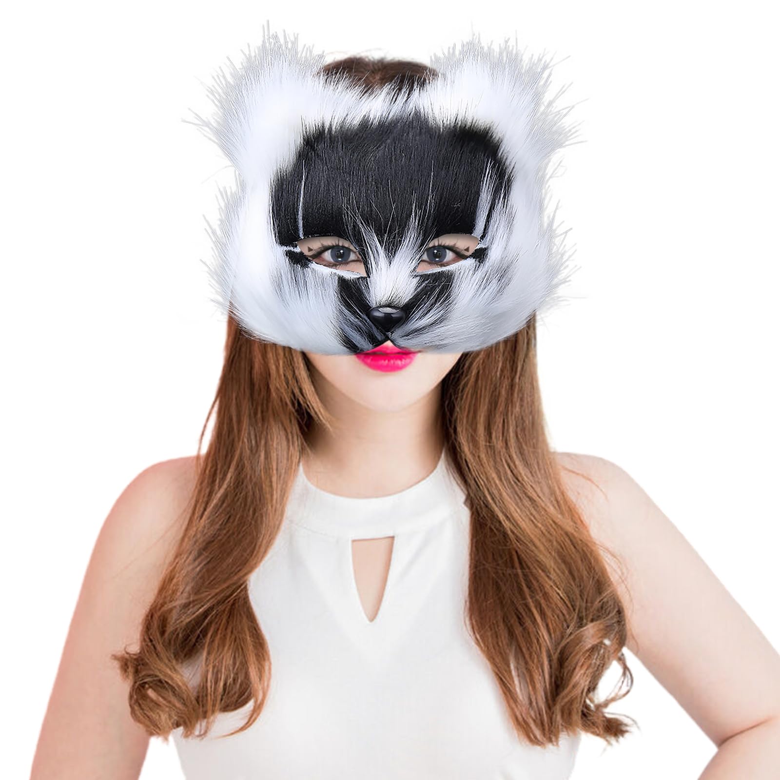 JIAHG Fox Furry Face Mask Animal Fuzzy Half Face Mask Cosplay Mask Halloween Costume Mask Party Fluffy Mask Masquerade Mask Fox Cat Faux Fur Mask - Image 2