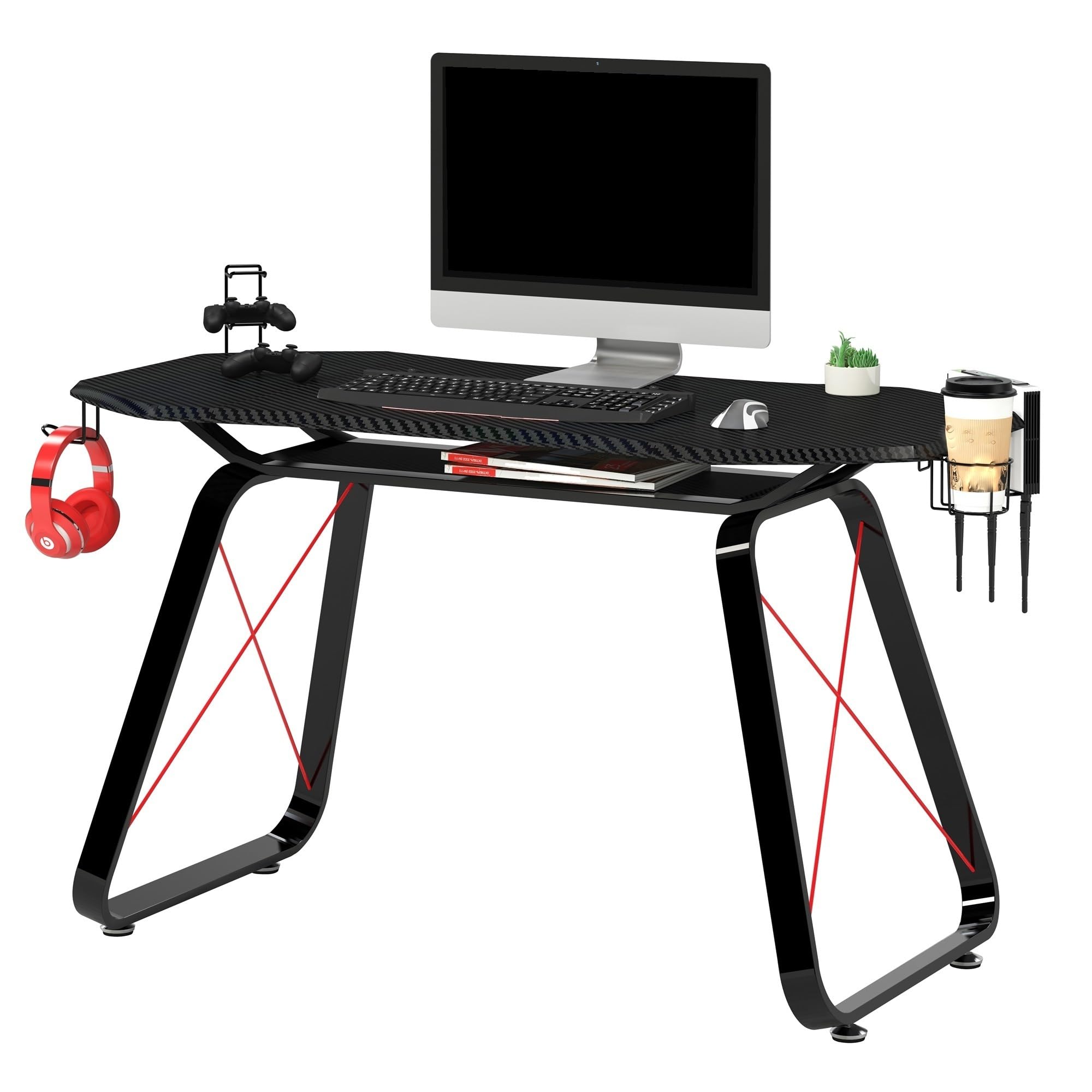 YELLOO - Scrivania Gaming per Computer, Scrivania Nera in Fibra di Carbonio Grande, Sceivanie per Cameretta Adatta per 1 Monitor Grande o 2 Monitor di Medie Dimensioni, Accessori Inclusi (GAMING GT10)