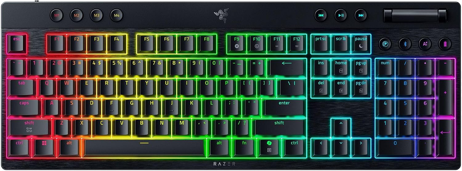 BlackWidow V4 Low Profile Wireless Gaming Keyboard, Yellow Switches | 2.4GHz Wireless & Bluetooth, Multi-Function Roller, 11 Control Buttons, Long Battery Life