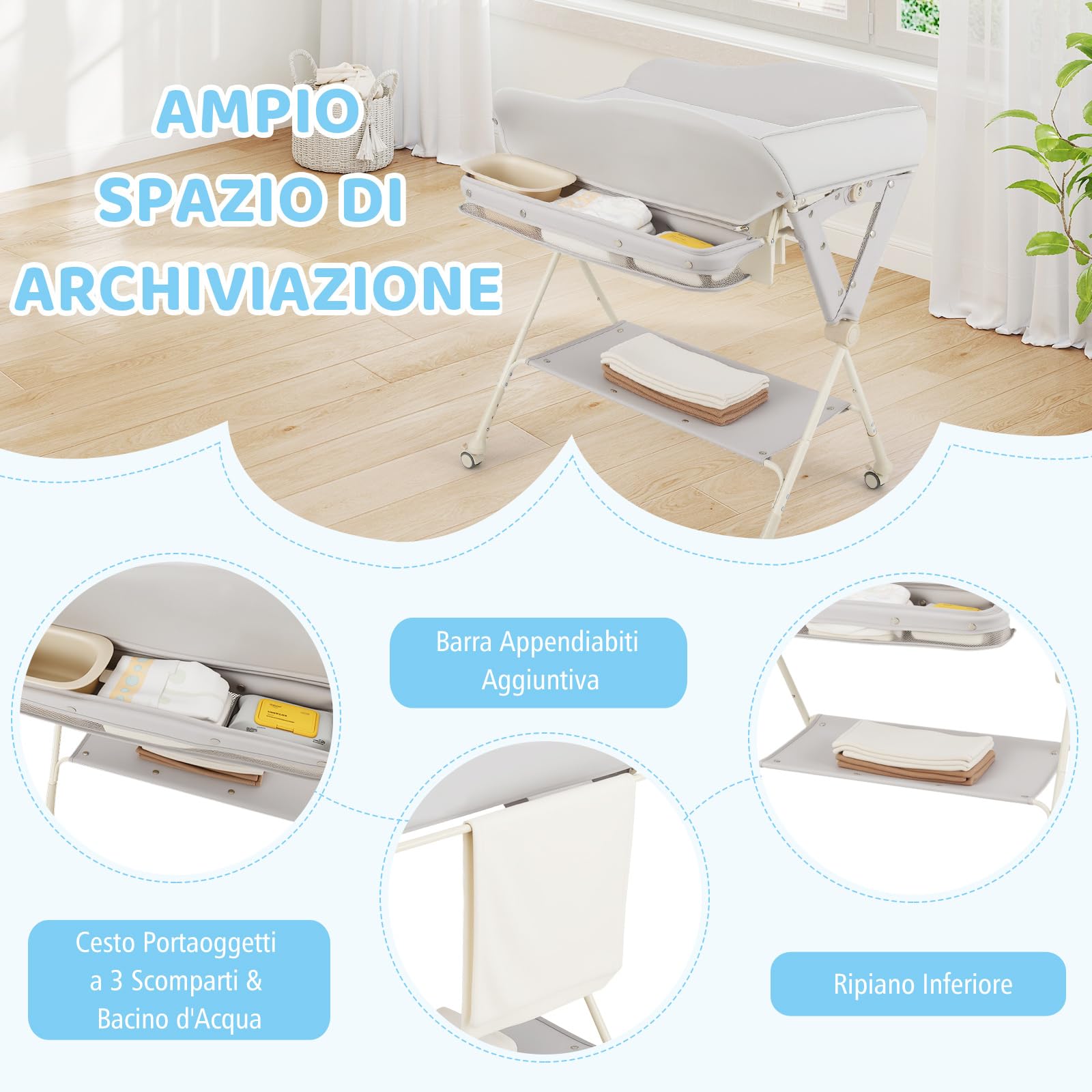 Costway Fasciatoio Pieghevole Neonato Portatile con Altezza Regolabile 3 Livelli, Grigio