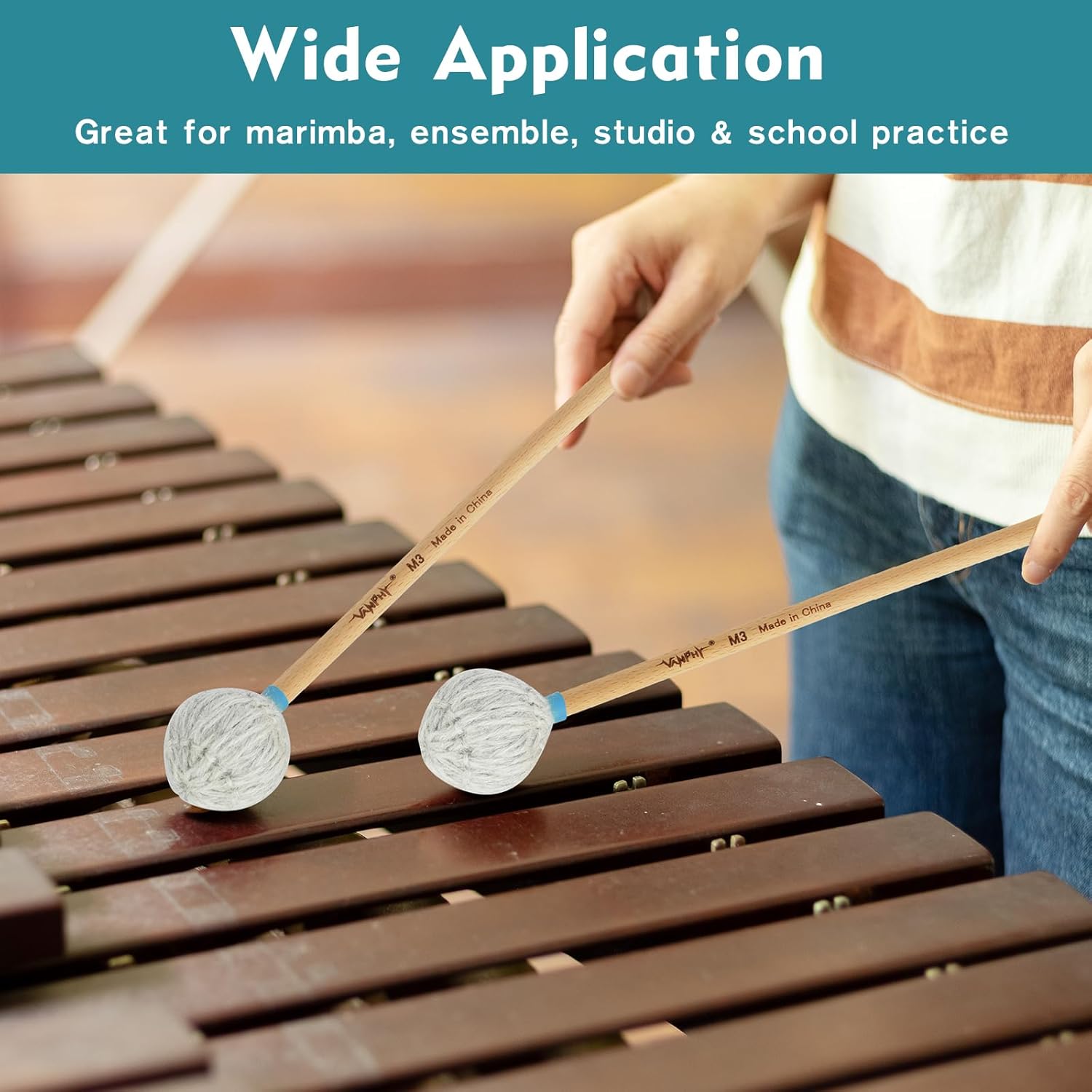 Professional Marimba Mallets -M3 Hard Yarn Heads with Beech Wood Handle Keyboard Percussion Accessories for Xylophone Glockenspiel Vibraphone with Professionals and Advanced Players