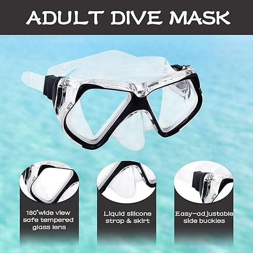 Miniatura 3 de OMGear Juego de máscara de esnórquel con aletas, equipo de esnórquel para adultos, máscara de buceo de silicona, esnórquel seco, aletas cortas de