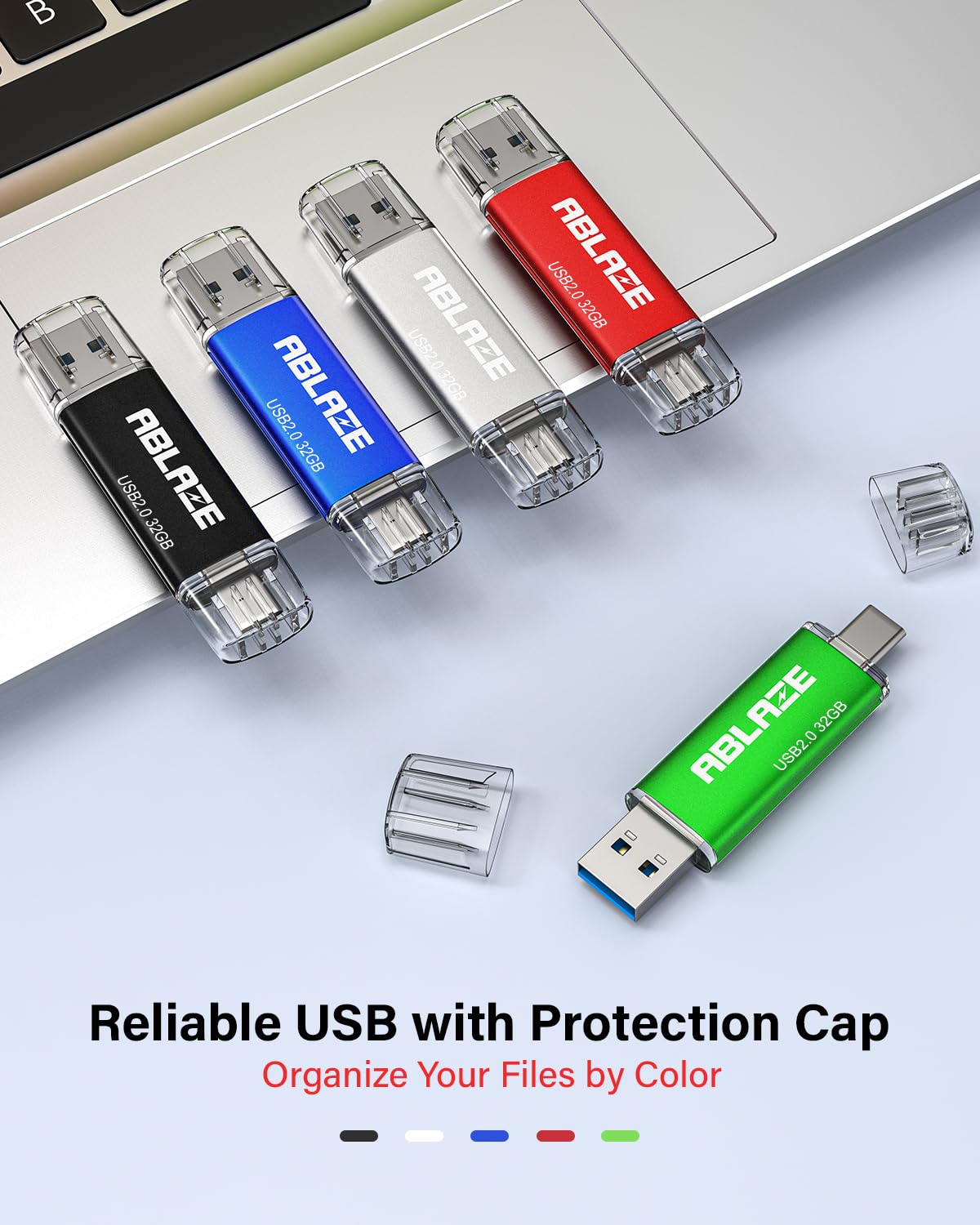 ABLAZE Chiavetta USB 2.0+USB C da 32 GB, confezione da 10 | Compatibile con iPhone 17/16/15, smartphone Android, computer, tablet, Mac, laptop, 5 colori misti