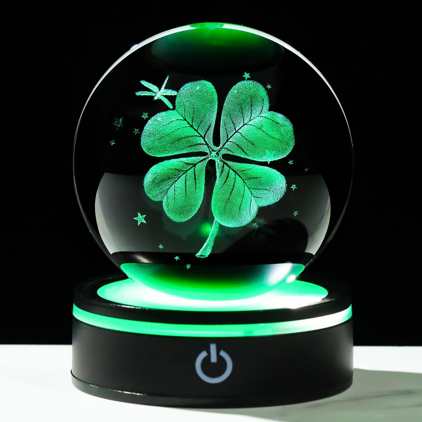 YWHL 3D Crystal Four-Leaf Clover Ball Figurine with Colorful LED Base, Four-Leaf Clover Good Luck Gifts for Women Men on Birthday, Glass Plants Art Statue Decorative Ball for Home Decor (80mm)