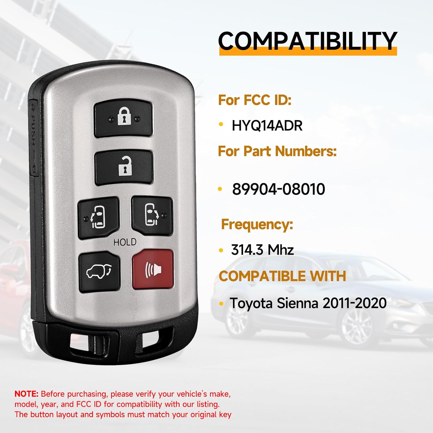 Smart Key Fob Replacement Fits for Toyota Sienna 2011 2012 2013 2014 2015 2016 2017 2018 2019 2020 Car Keyless Entry Remote HYQ14ADR 314.3MHz 89904-08010 8990408010